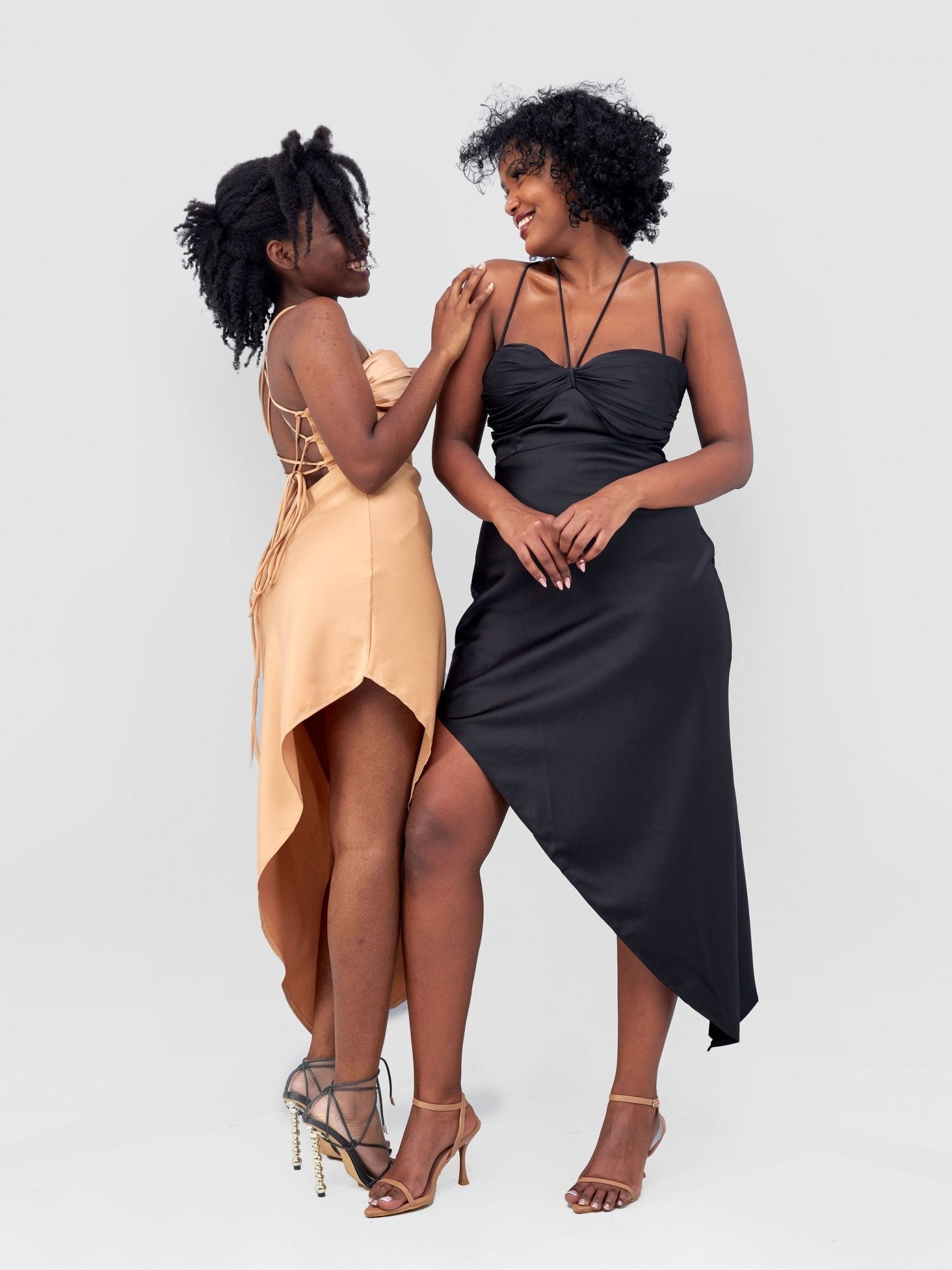 Lola Long Strappy Satin Dress with Pleated Bust - Tan - Shopzetu