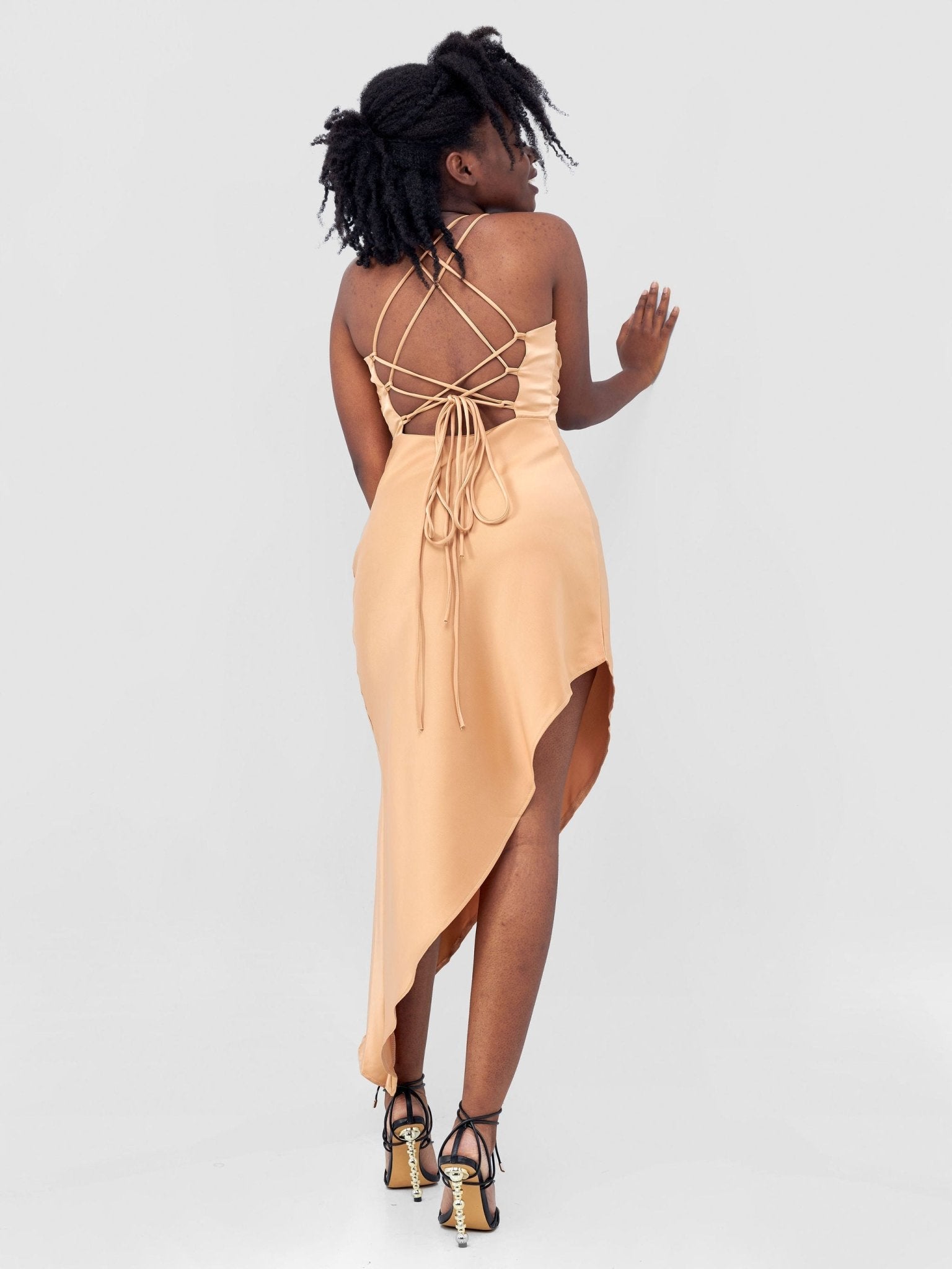 Lola Long Strappy Satin Dress with Pleated Bust - Tan - Shopzetu