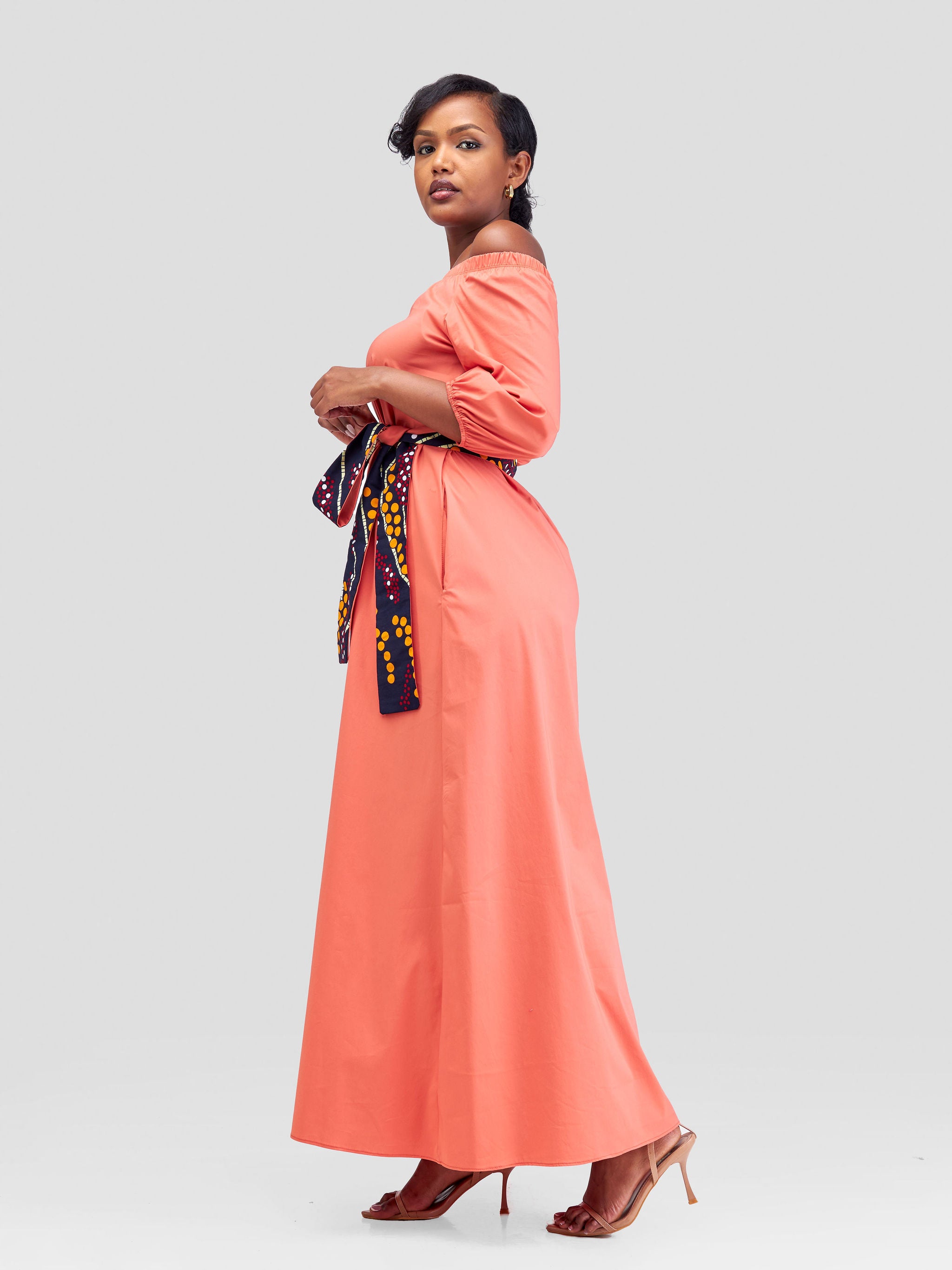 Safari Tawi 3/4 Sleeve Off Shoulder Maxi - Coral