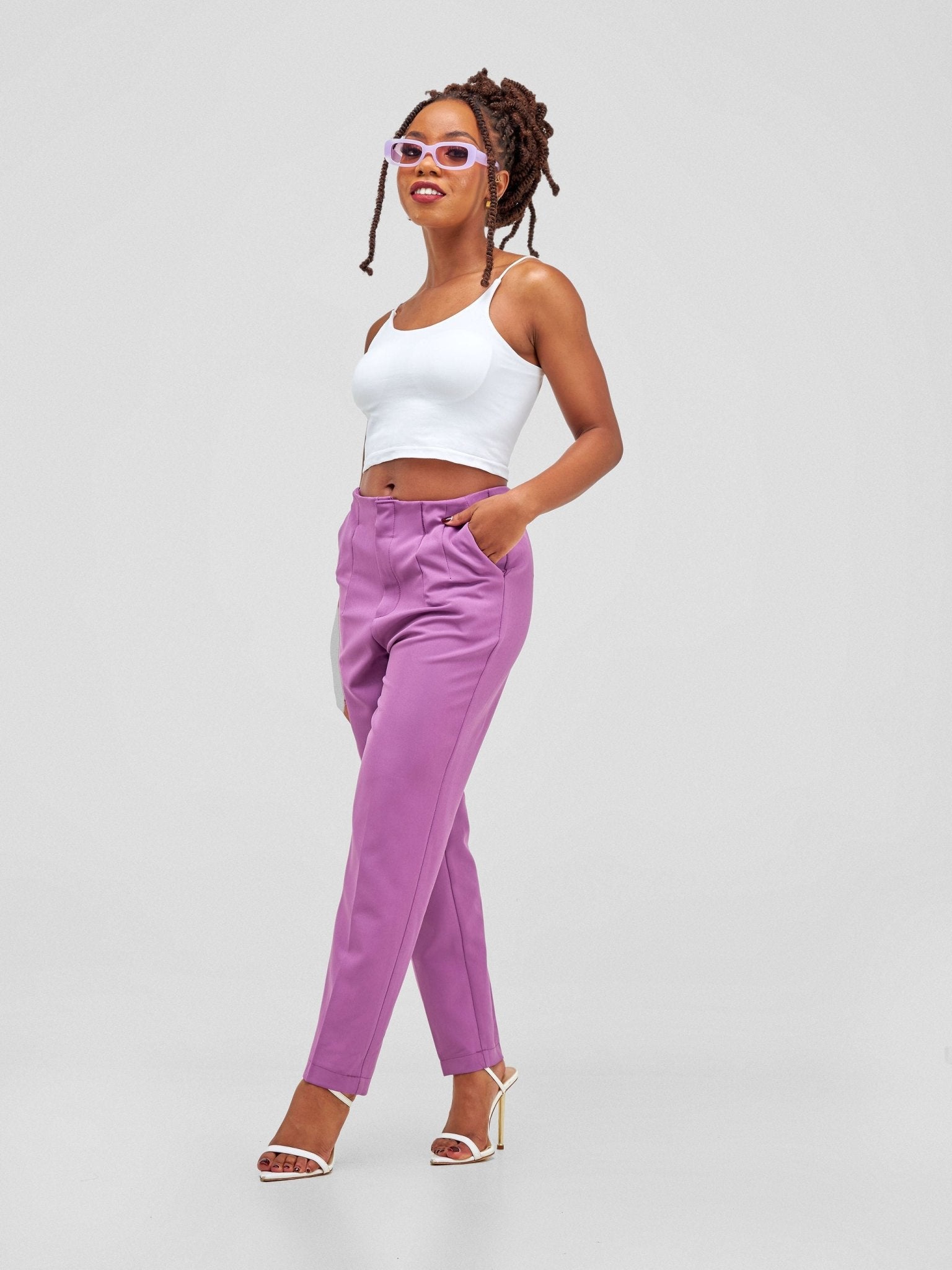 Anika Mindy Crepe Pants With Angular Pockets - Purple - Shopzetu