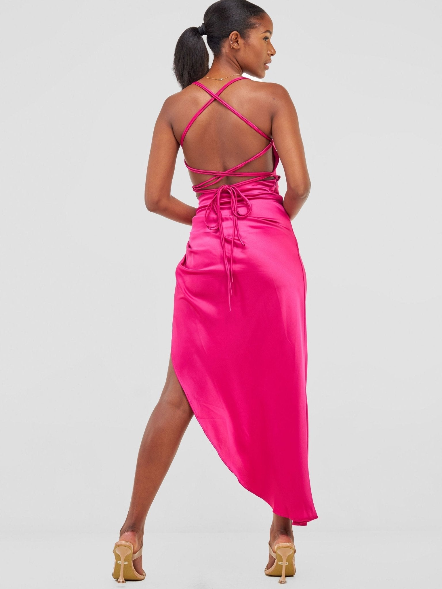 Lola Backless Strappy Satin Dress With High Side Slit - Hot Pink - Shopzetu