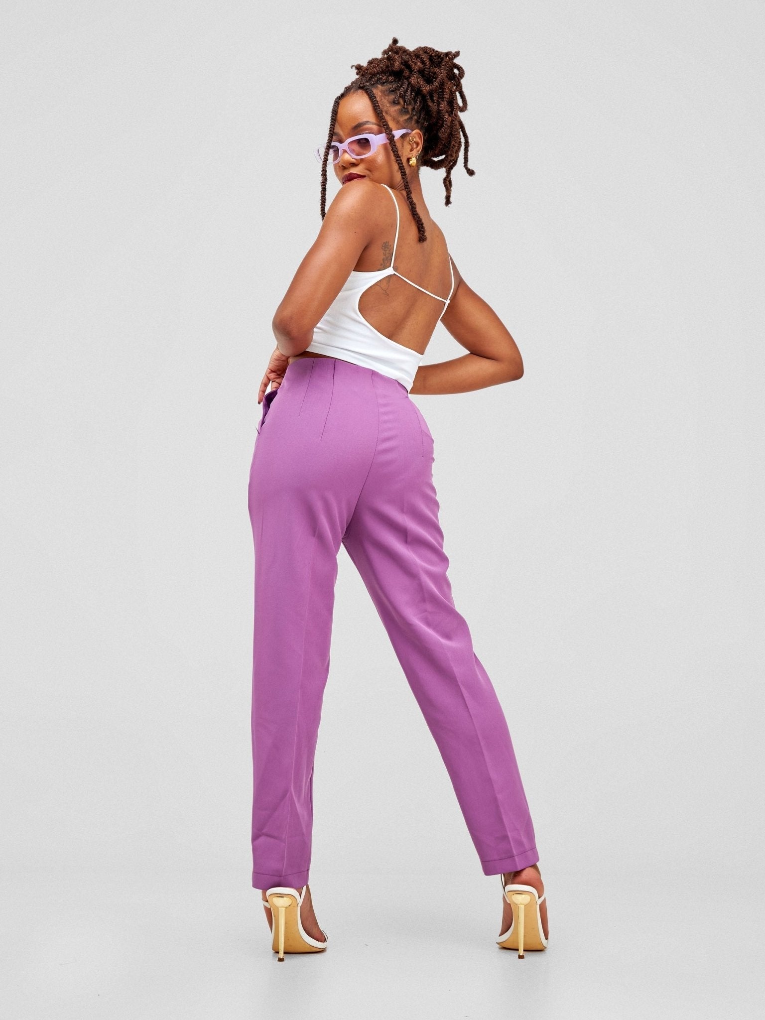 Anika Mindy Crepe Pants With Angular Pockets - Purple - Shopzetu