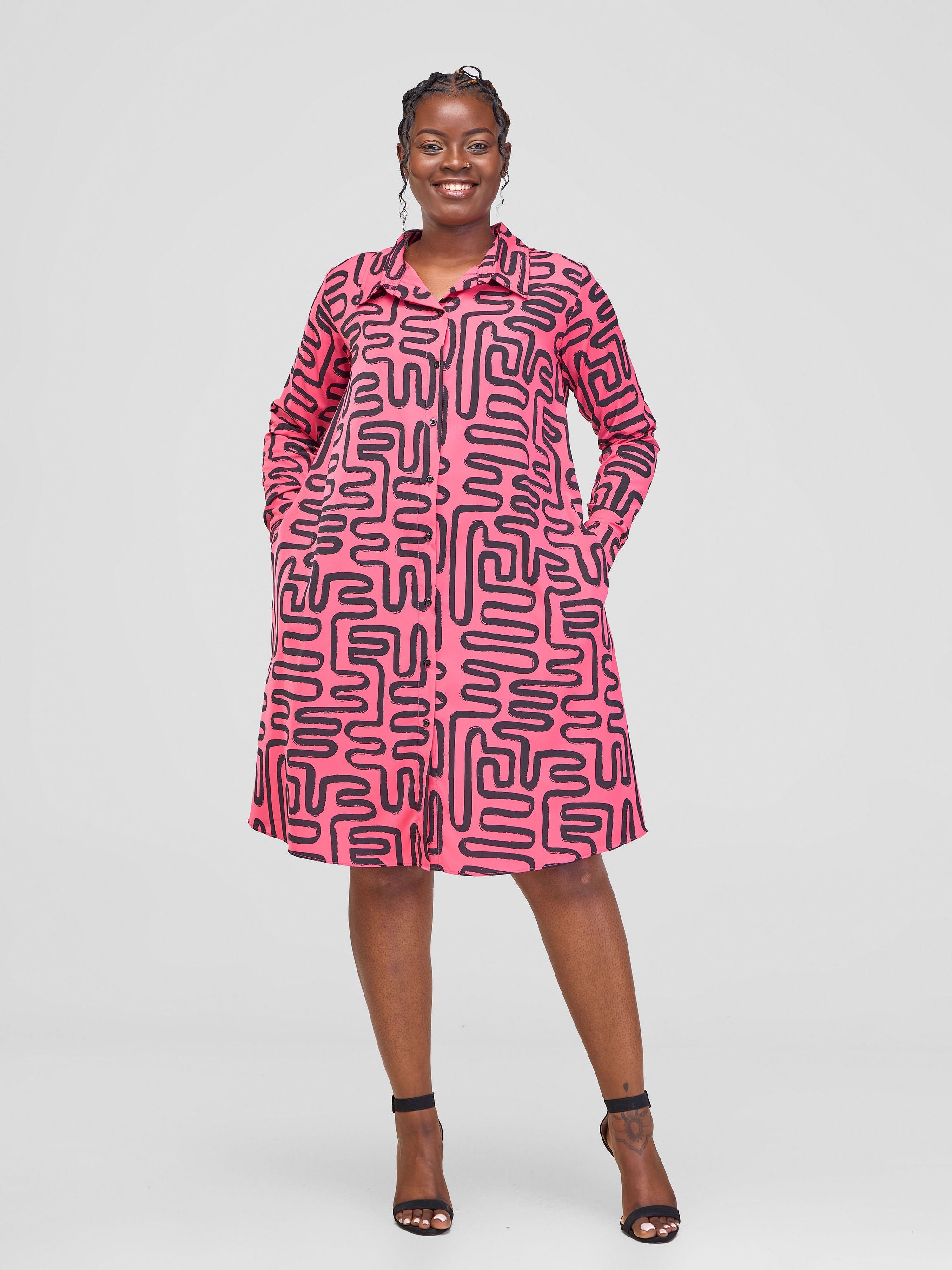 Vivo Basic Long Sleeve Tent Shirt Dress - Pink / Black Abstract Print