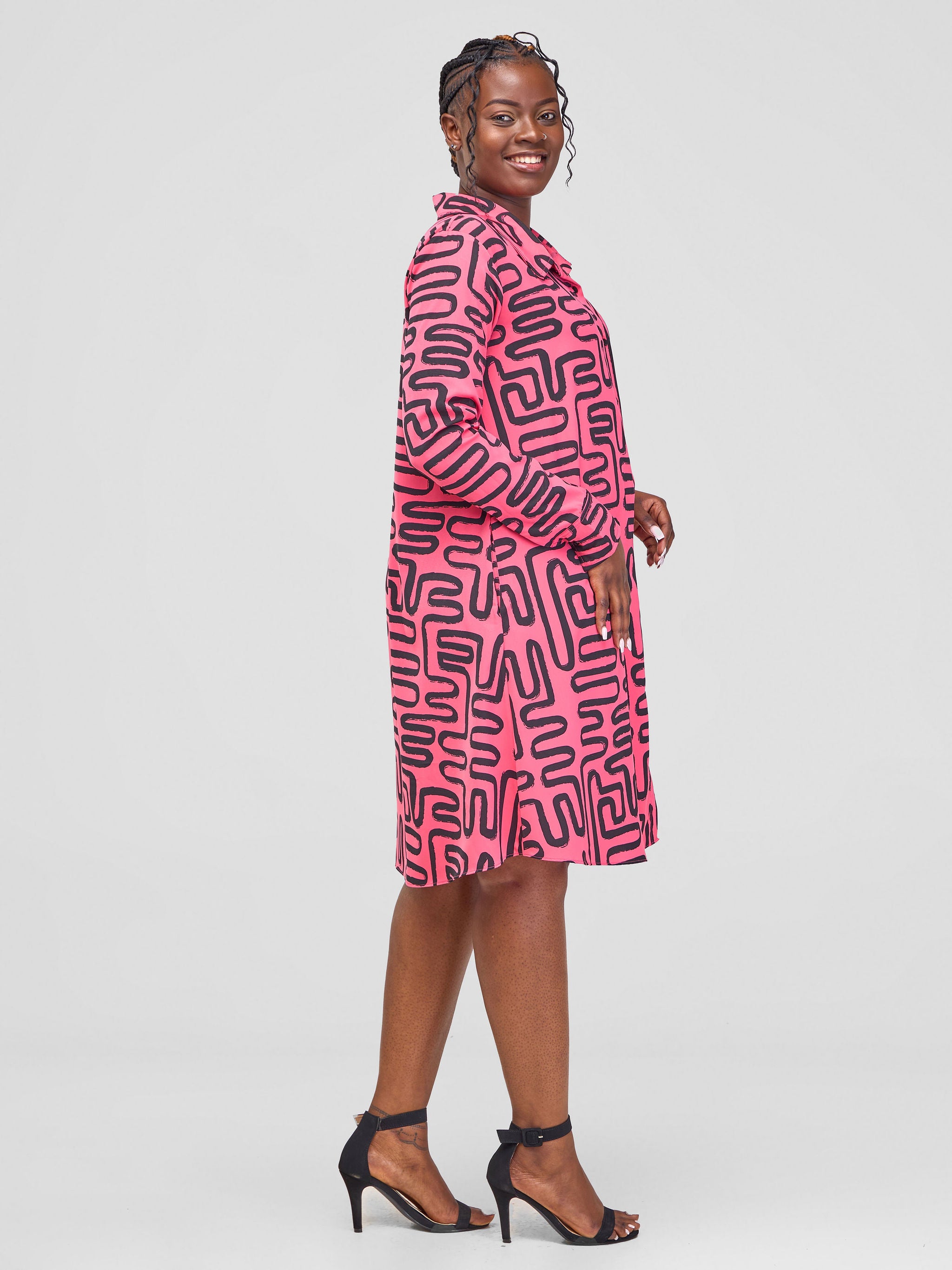 Vivo Basic Long Sleeve Tent Shirt Dress - Pink / Black Abstract Print