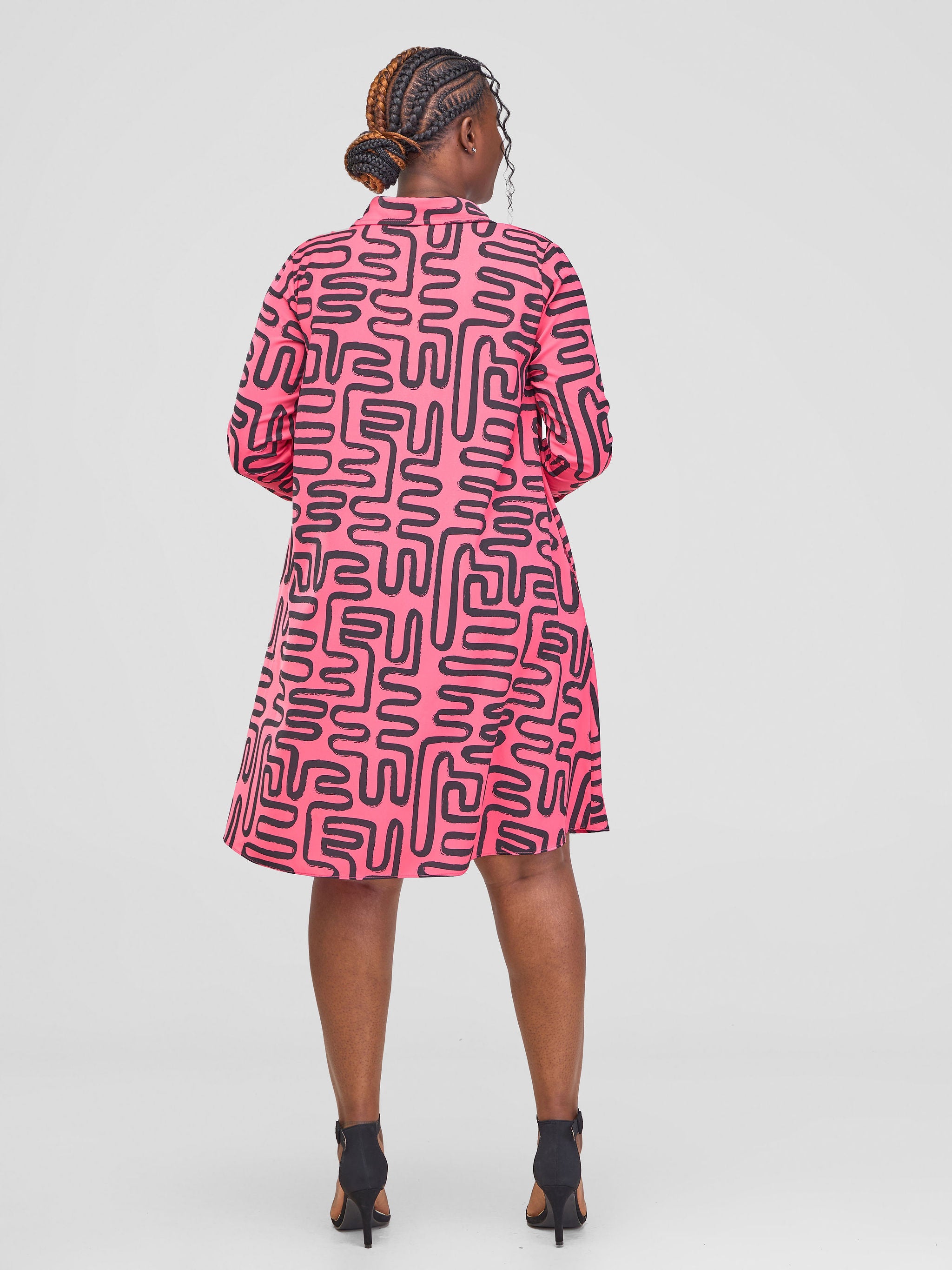 Vivo Basic Long Sleeve Tent Shirt Dress - Pink / Black Abstract Print