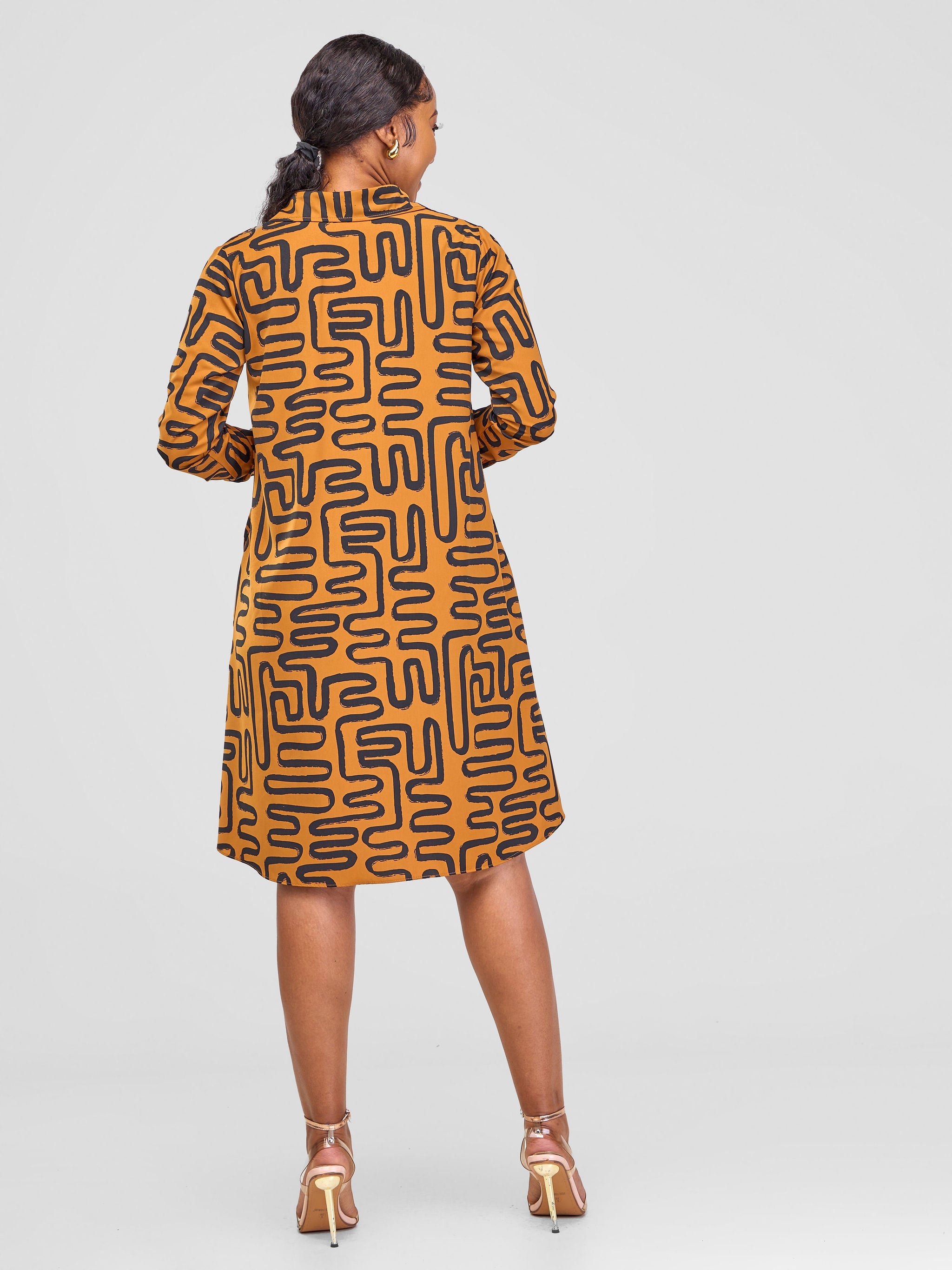 Vivo Basic Long Sleeve Tent Shirt Dress - Brown / Black Abstract Print