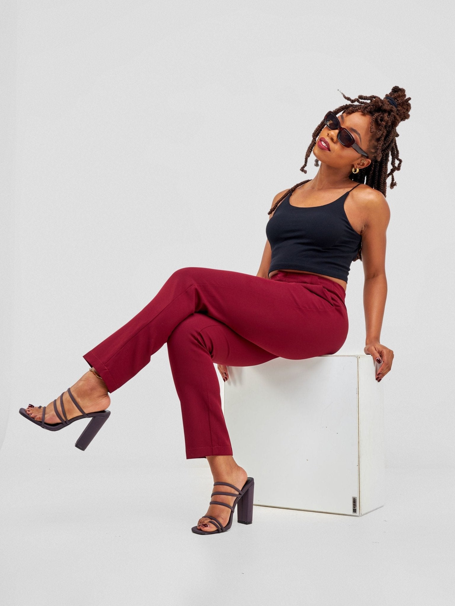 Anika Mindy Crepe Pants With Angular Pockets - Burgundy - Shopzetu