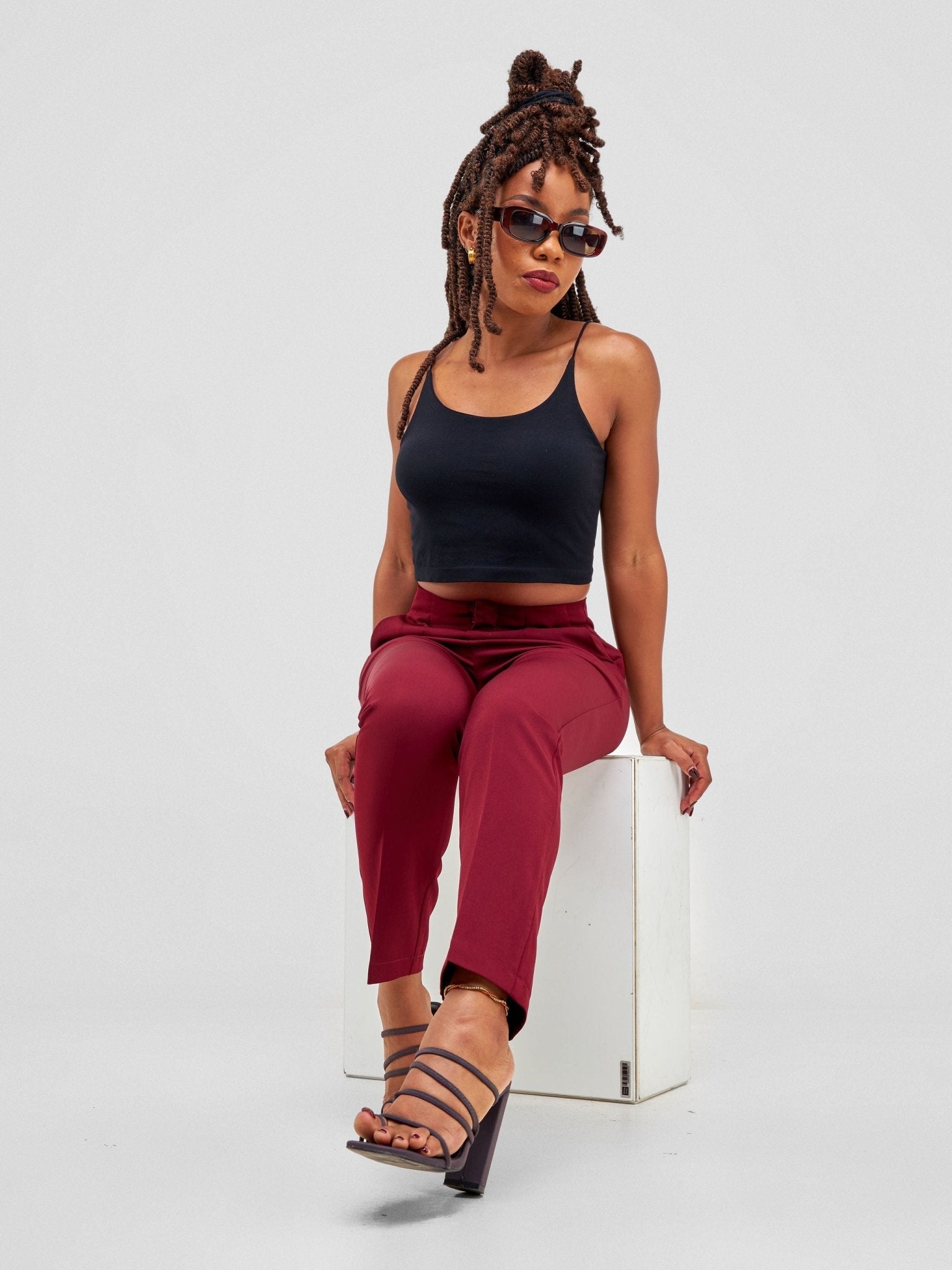 Anika Mindy Crepe Pants With Angular Pockets - Burgundy - Shopzetu