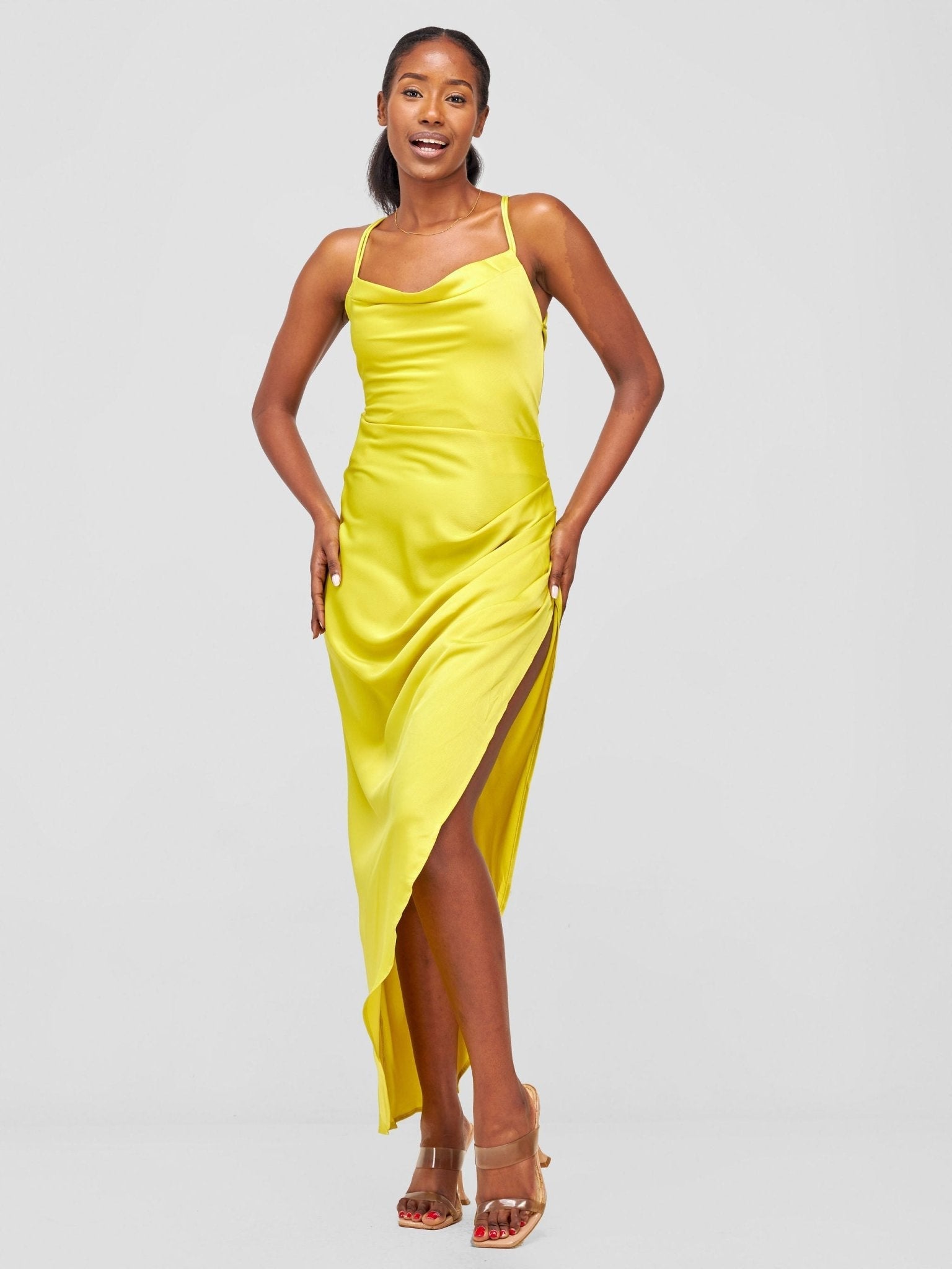 Lola Backless Strappy Satin Dress With High Side Slit - Lime - Shopzetu