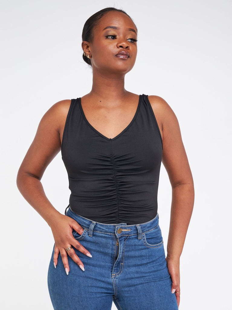 Lola Black V Neck Sleeveless Ruched Bodysuit Top - Black - Shopzetu