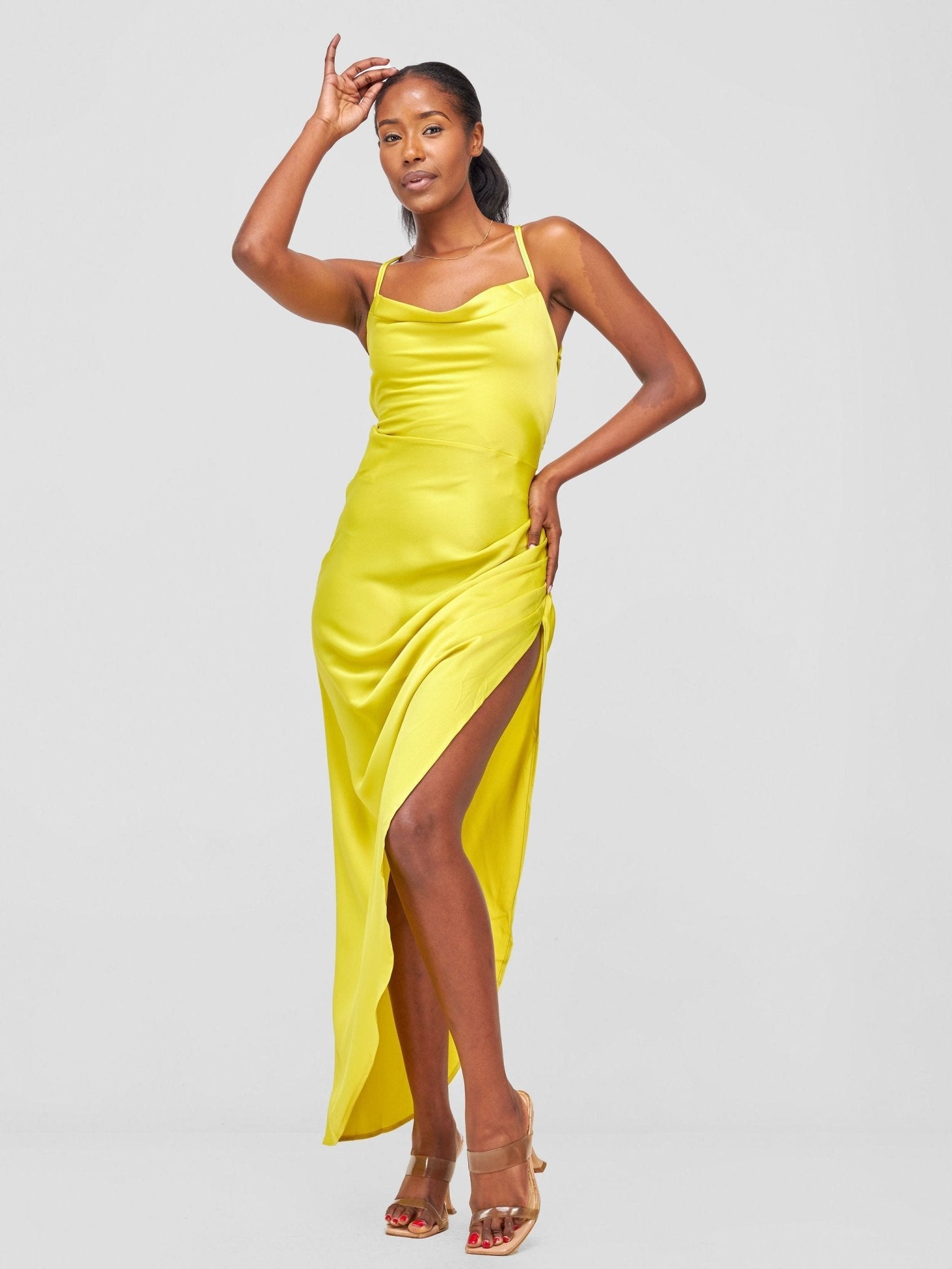 Lola Backless Strappy Satin Dress With High Side Slit - Lime - Shopzetu