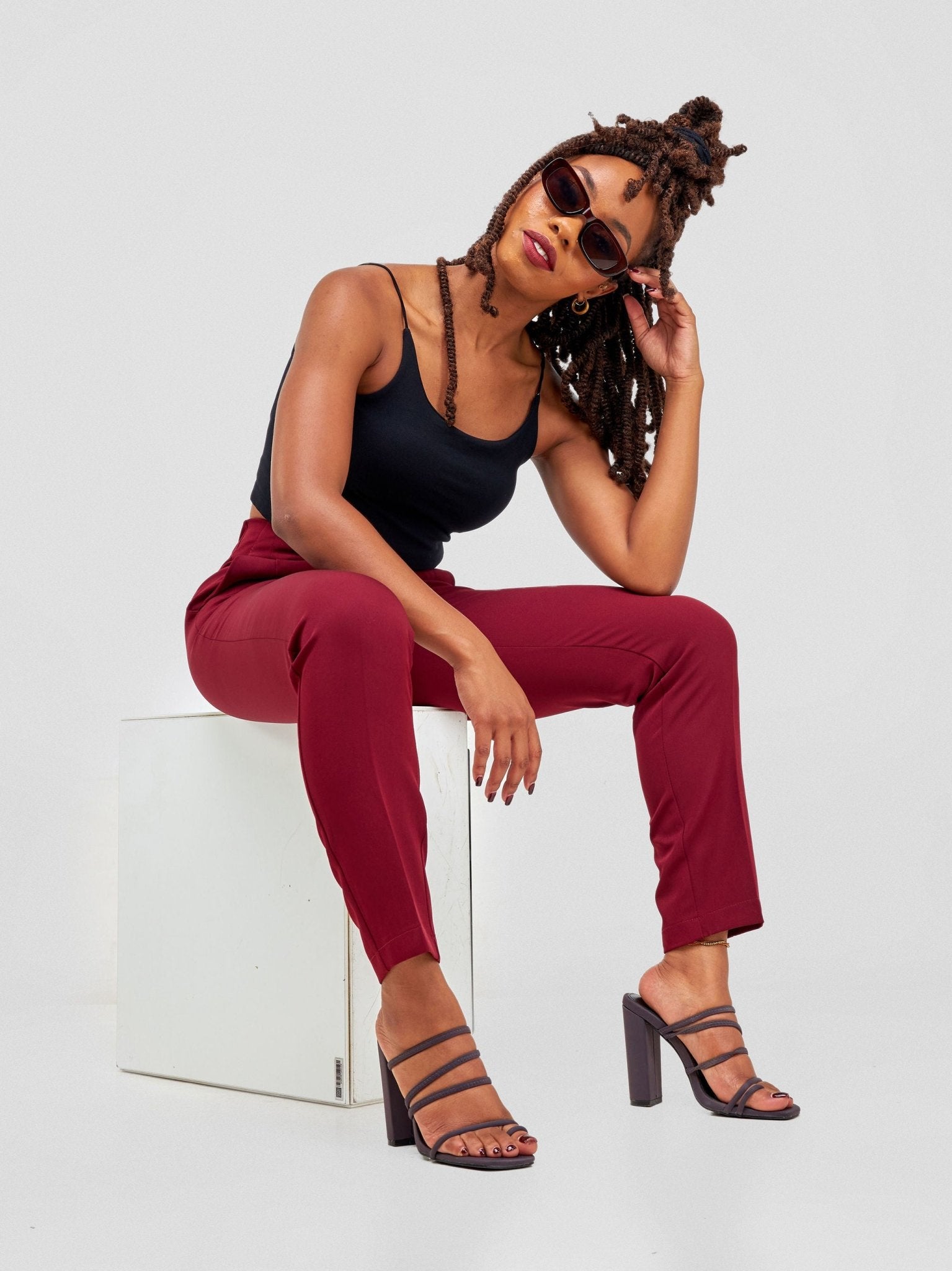 Anika Mindy Crepe Pants With Angular Pockets - Burgundy - Shopzetu