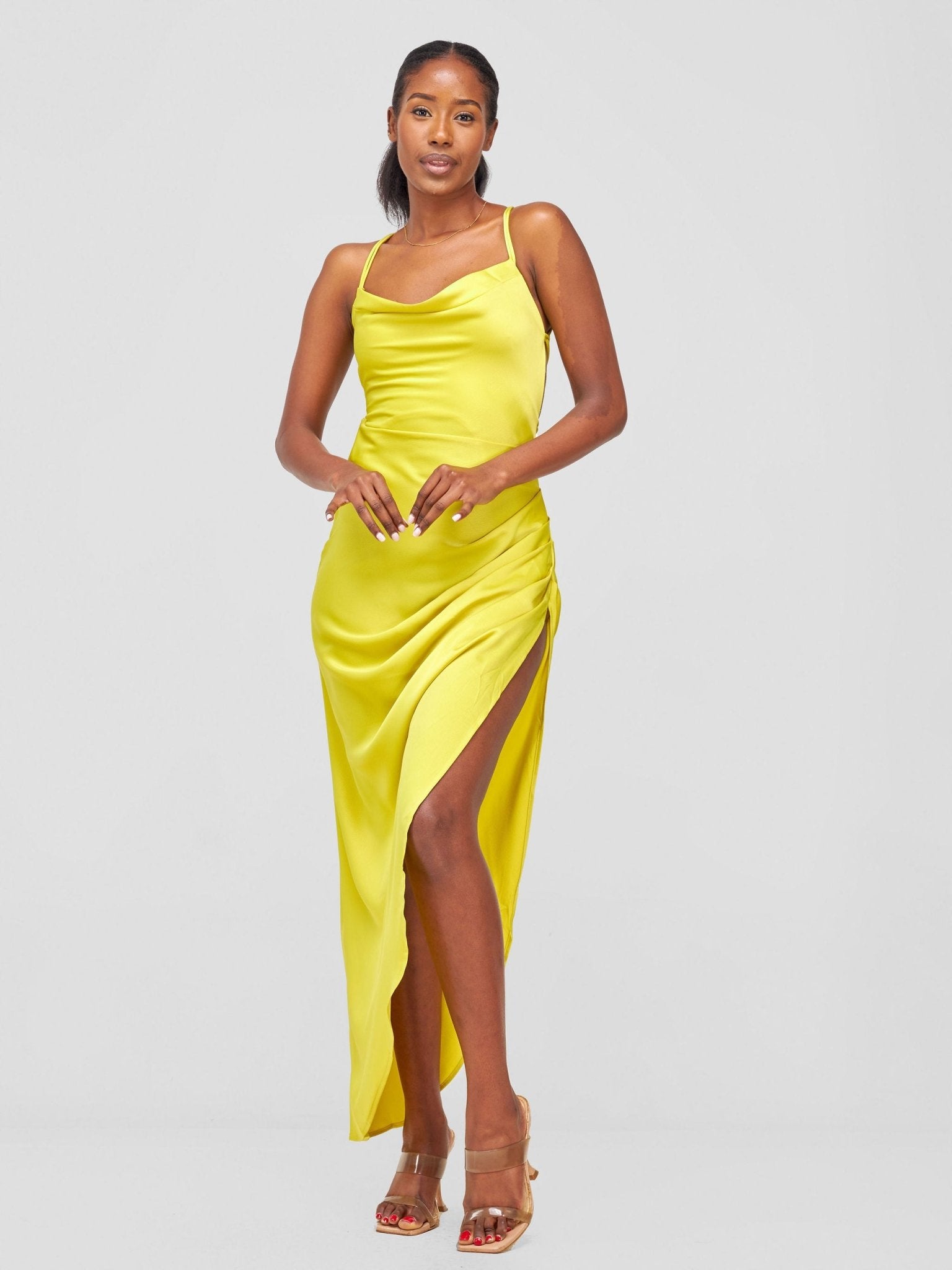 Lola Backless Strappy Satin Dress With High Side Slit - Lime - Shopzetu