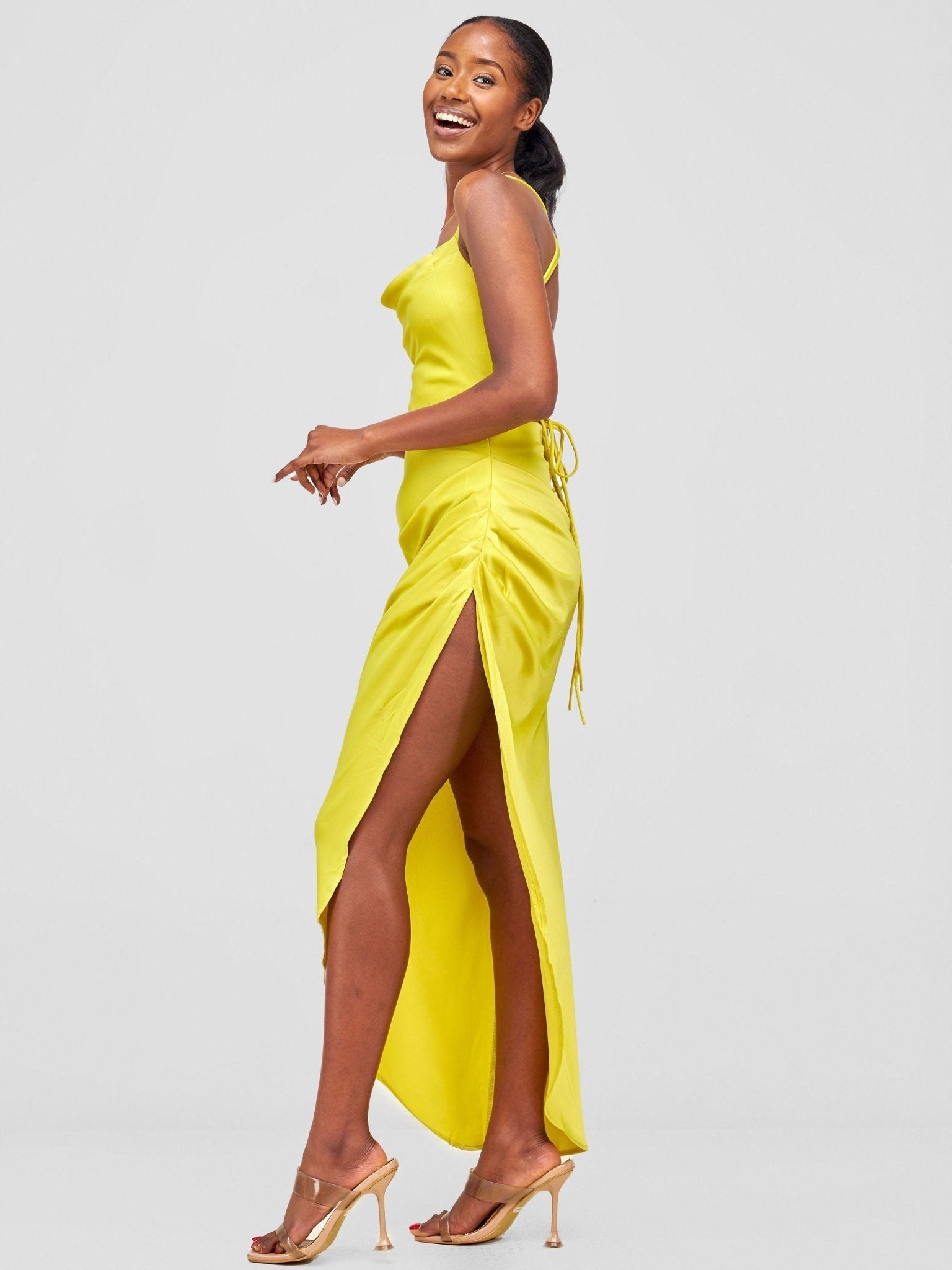 Lola Backless Strappy Satin Dress With High Side Slit - Lime - Shopzetu