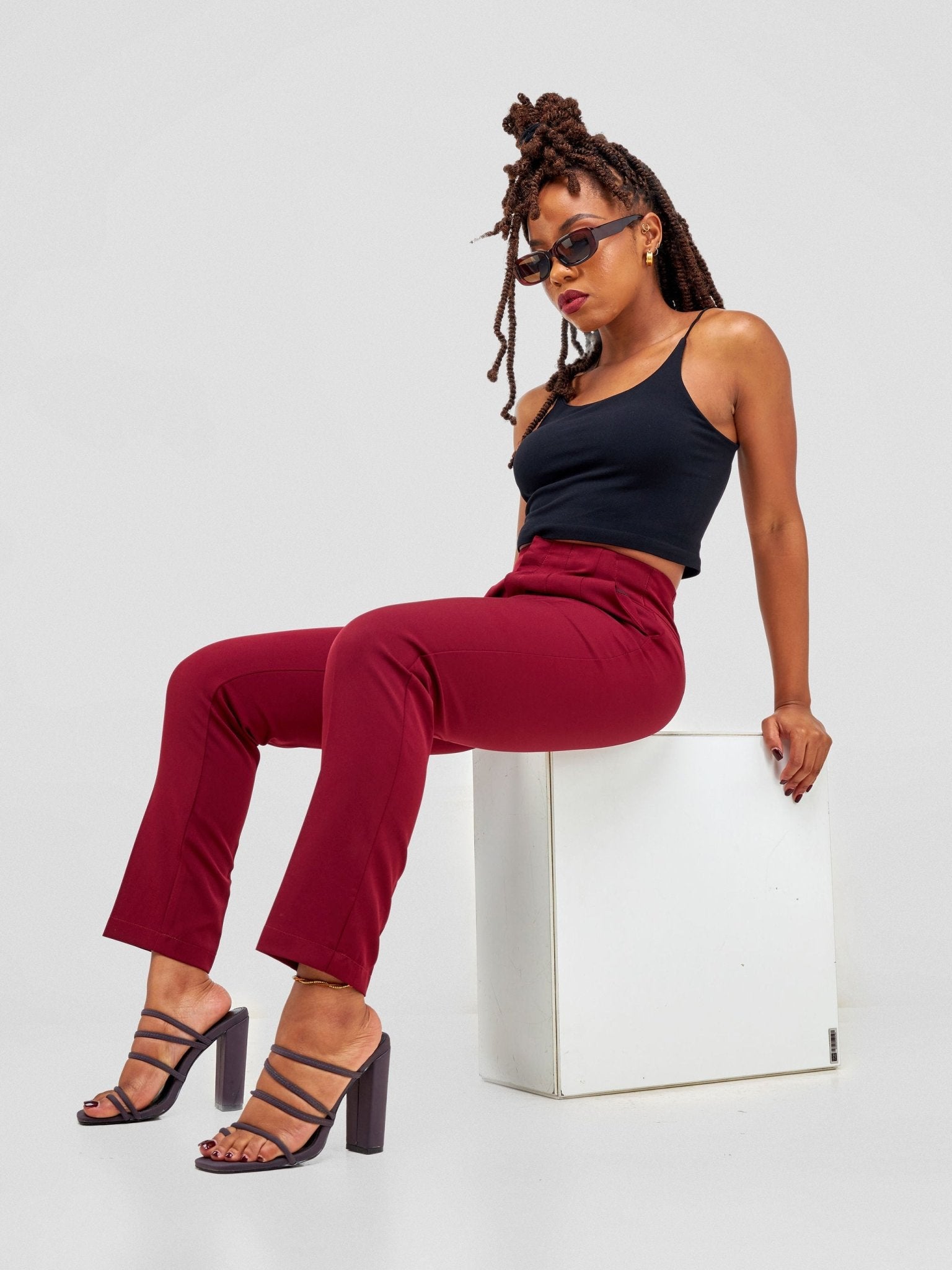 Anika Mindy Crepe Pants With Angular Pockets - Burgundy - Shopzetu