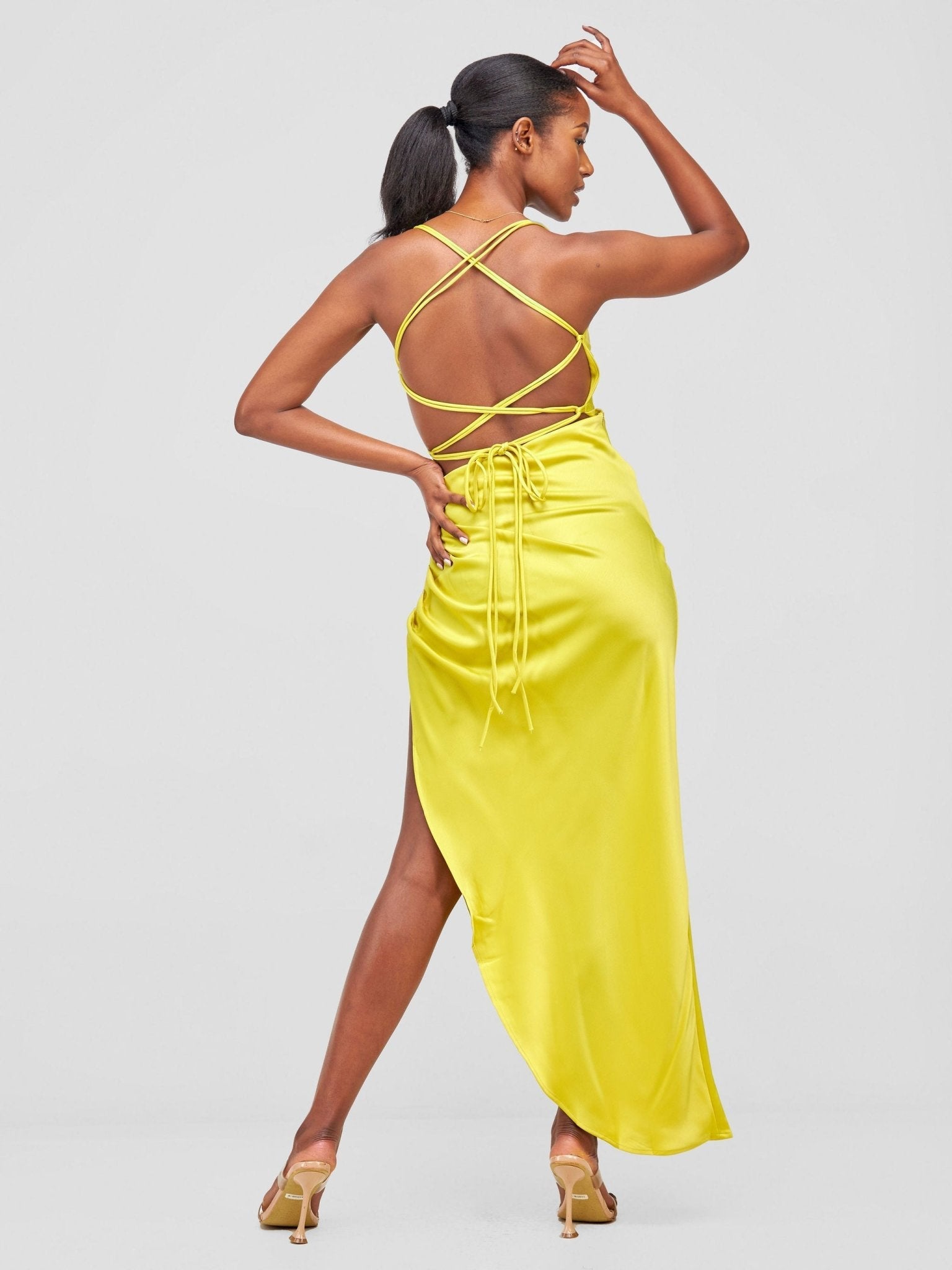 Lola Backless Strappy Satin Dress With High Side Slit - Lime - Shopzetu