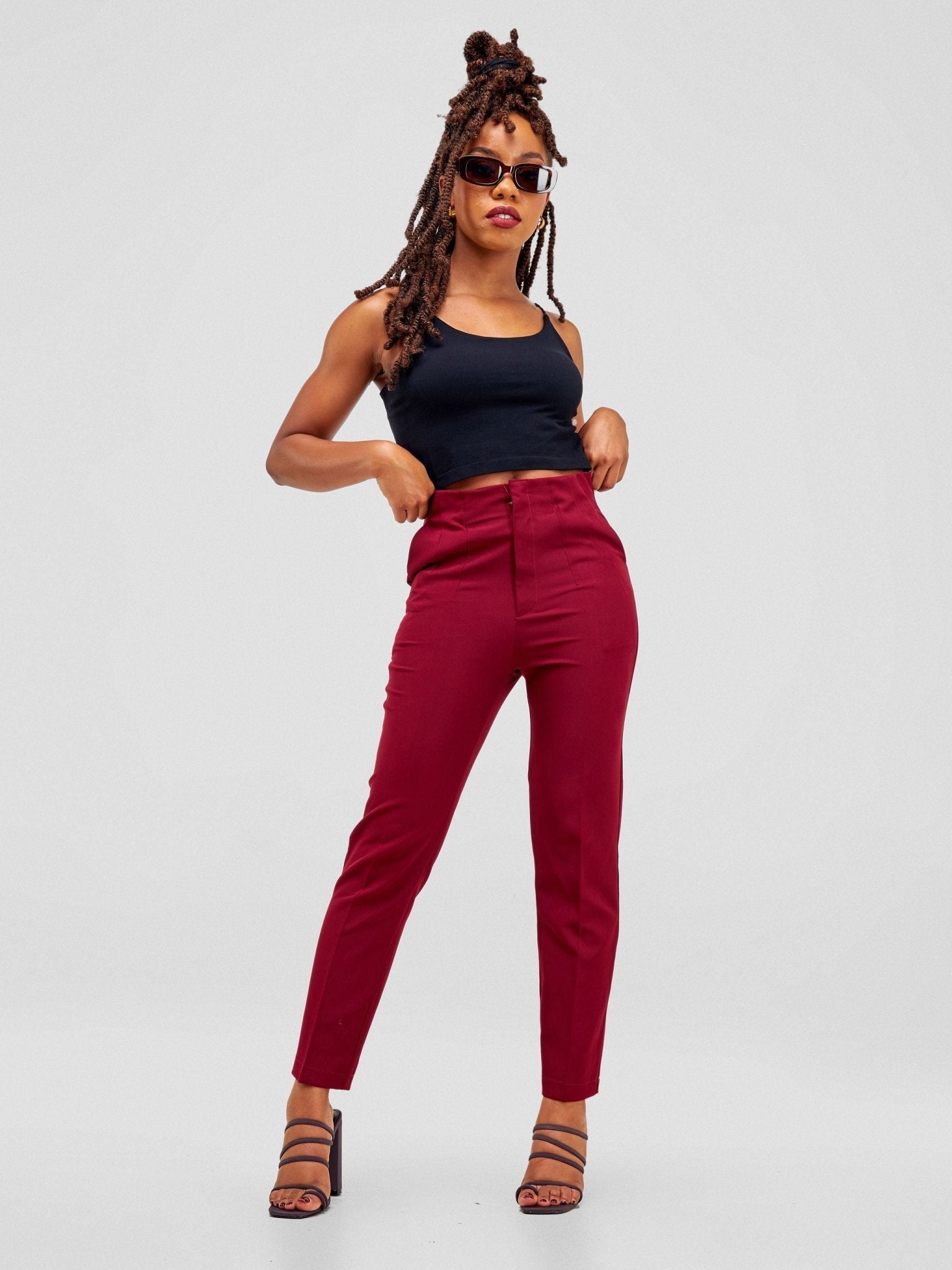 Anika Mindy Crepe Pants With Angular Pockets - Burgundy - Shopzetu