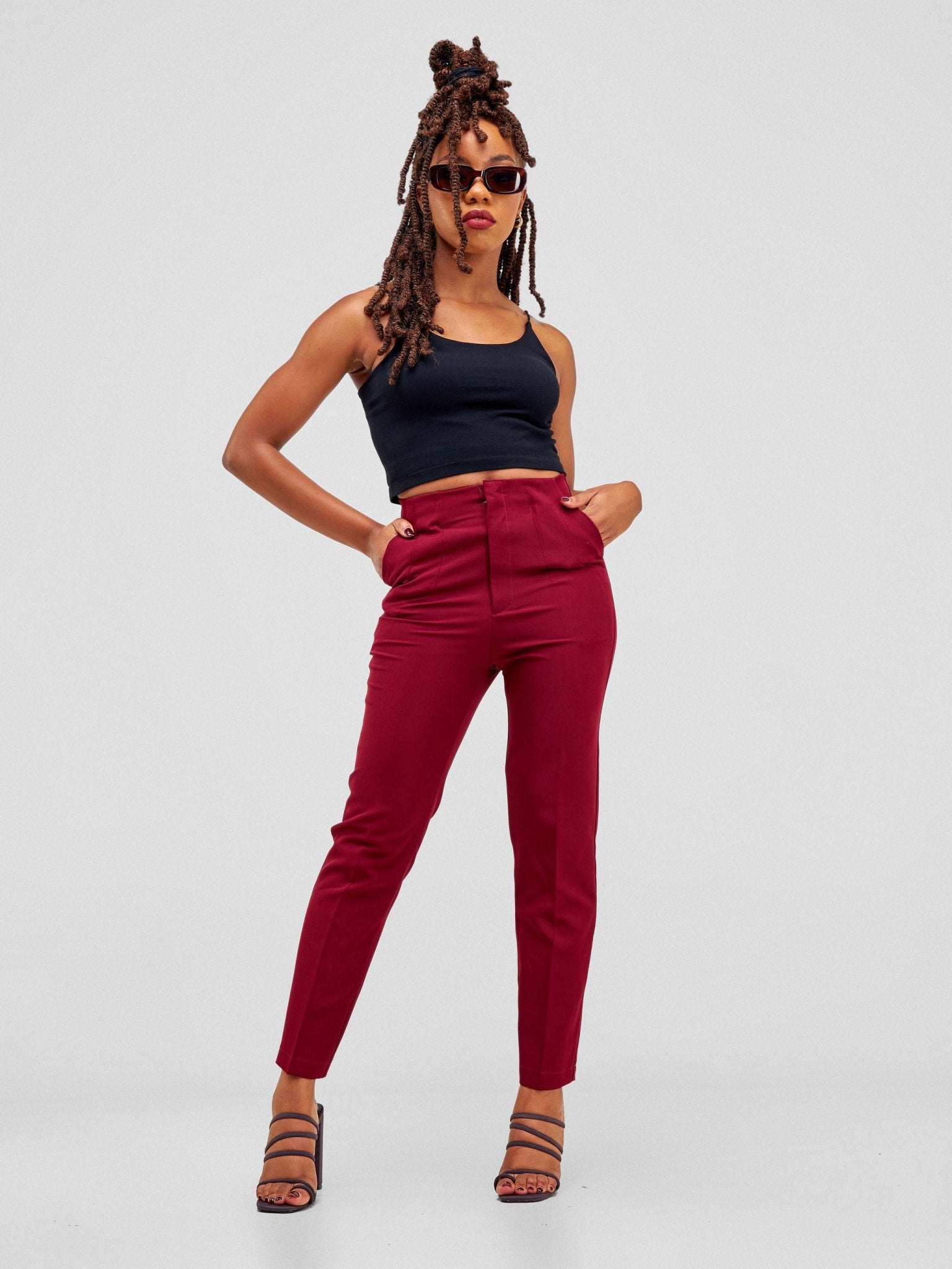 Anika Mindy Crepe Pants With Angular Pockets - Burgundy - Shopzetu