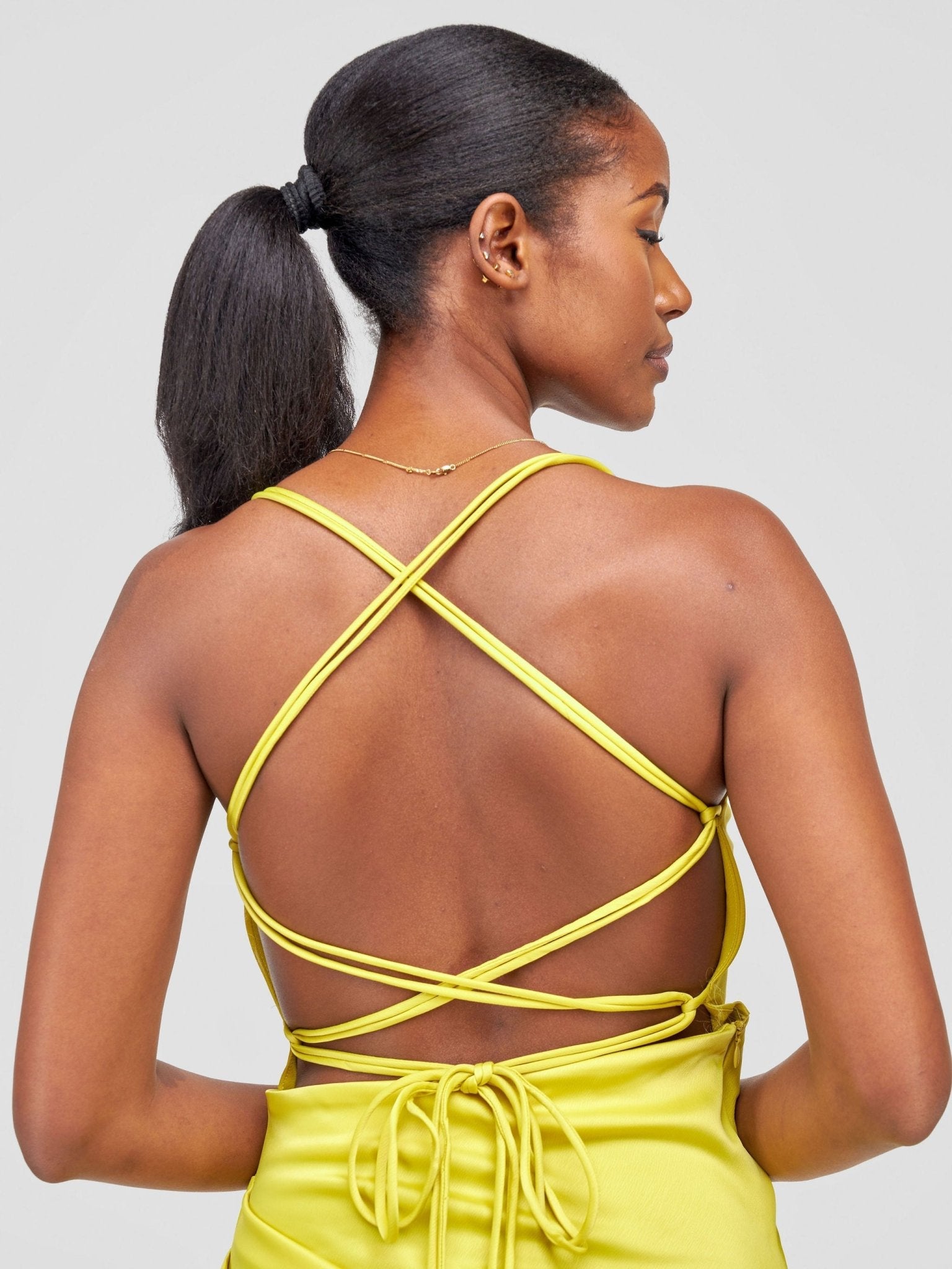 Lola Backless Strappy Satin Dress With High Side Slit - Lime - Shopzetu