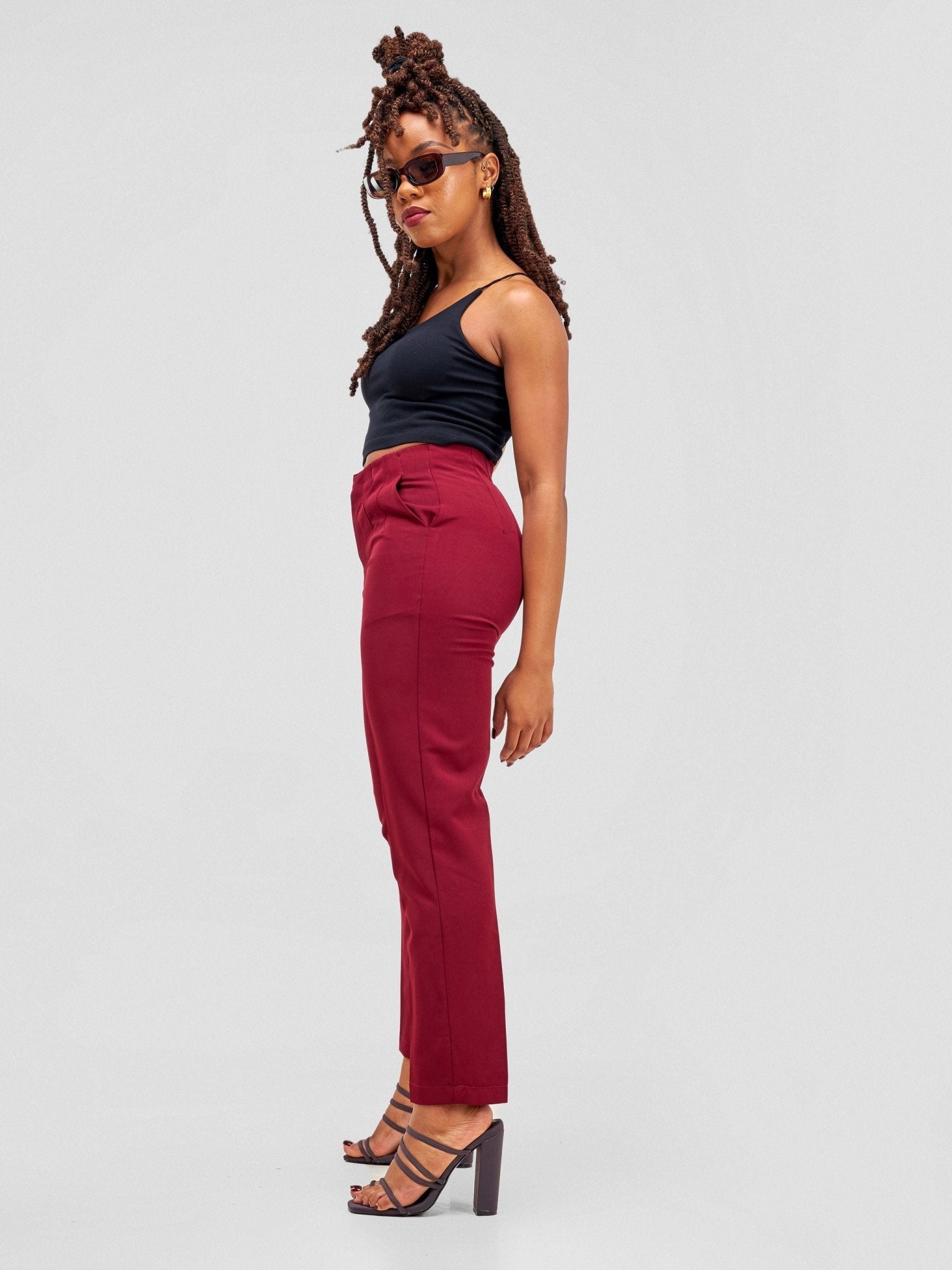 Anika Mindy Crepe Pants With Angular Pockets - Burgundy - Shopzetu