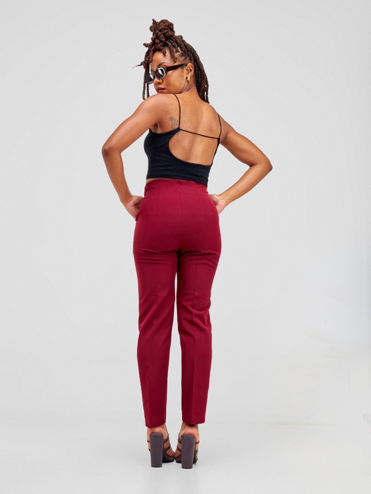 Anika Mindy Crepe Pants With Angular Pockets - Burgundy - Shopzetu