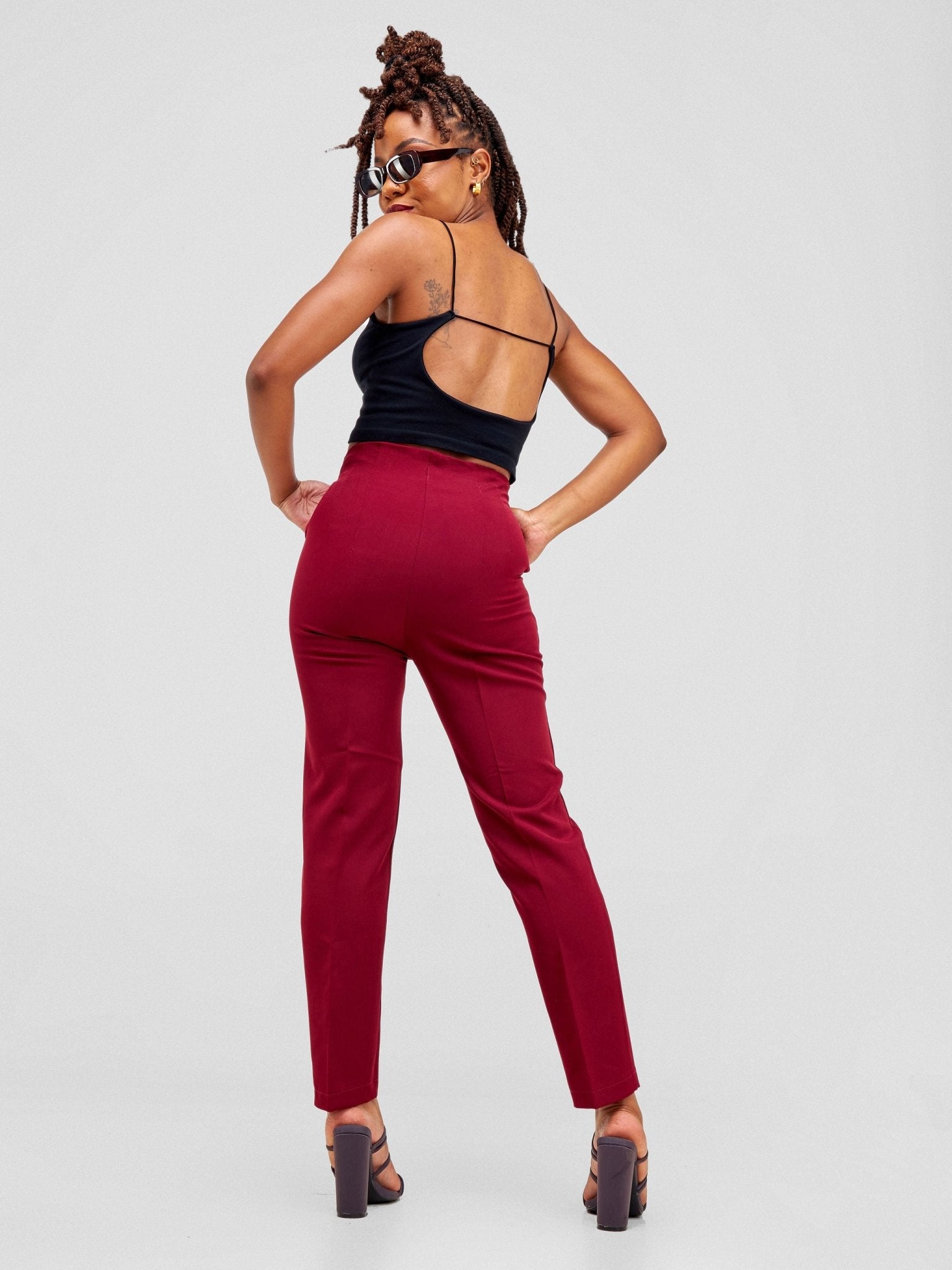 Anika Mindy Crepe Pants With Angular Pockets - Burgundy - Shopzetu