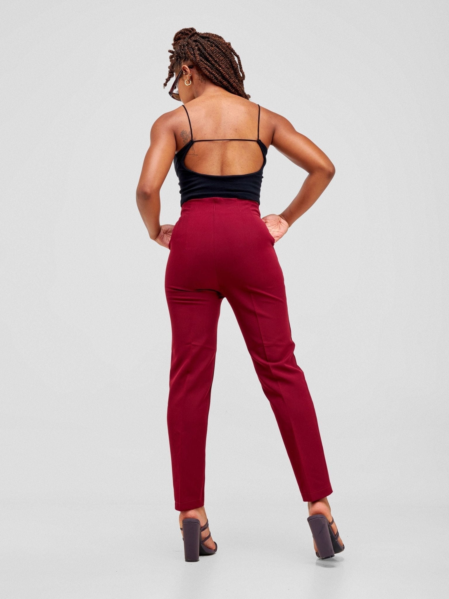 Anika Mindy Crepe Pants With Angular Pockets - Burgundy - Shopzetu