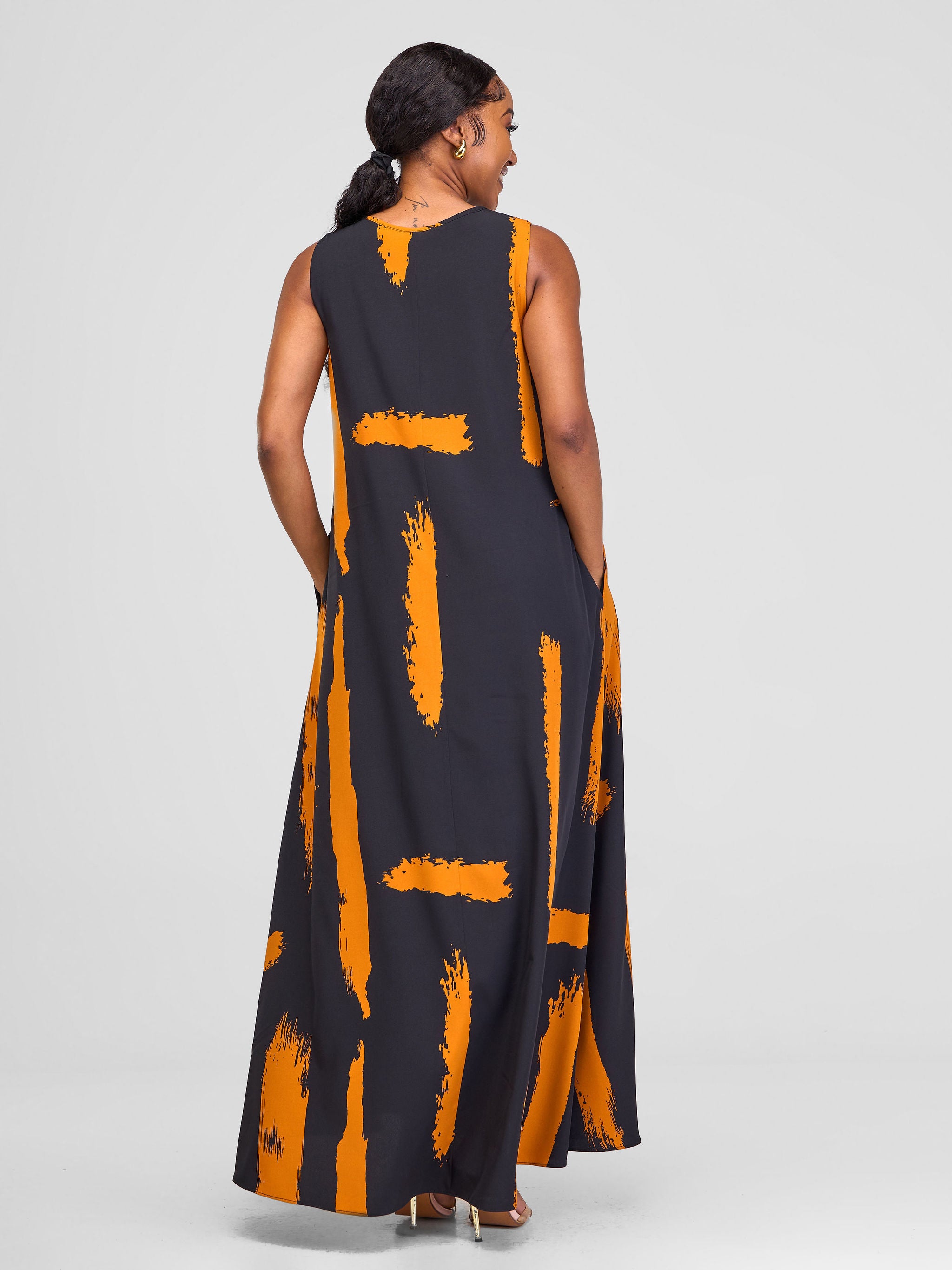 Vivo Basic Sleeveless Tent Maxi Dress - Orange / Black Print