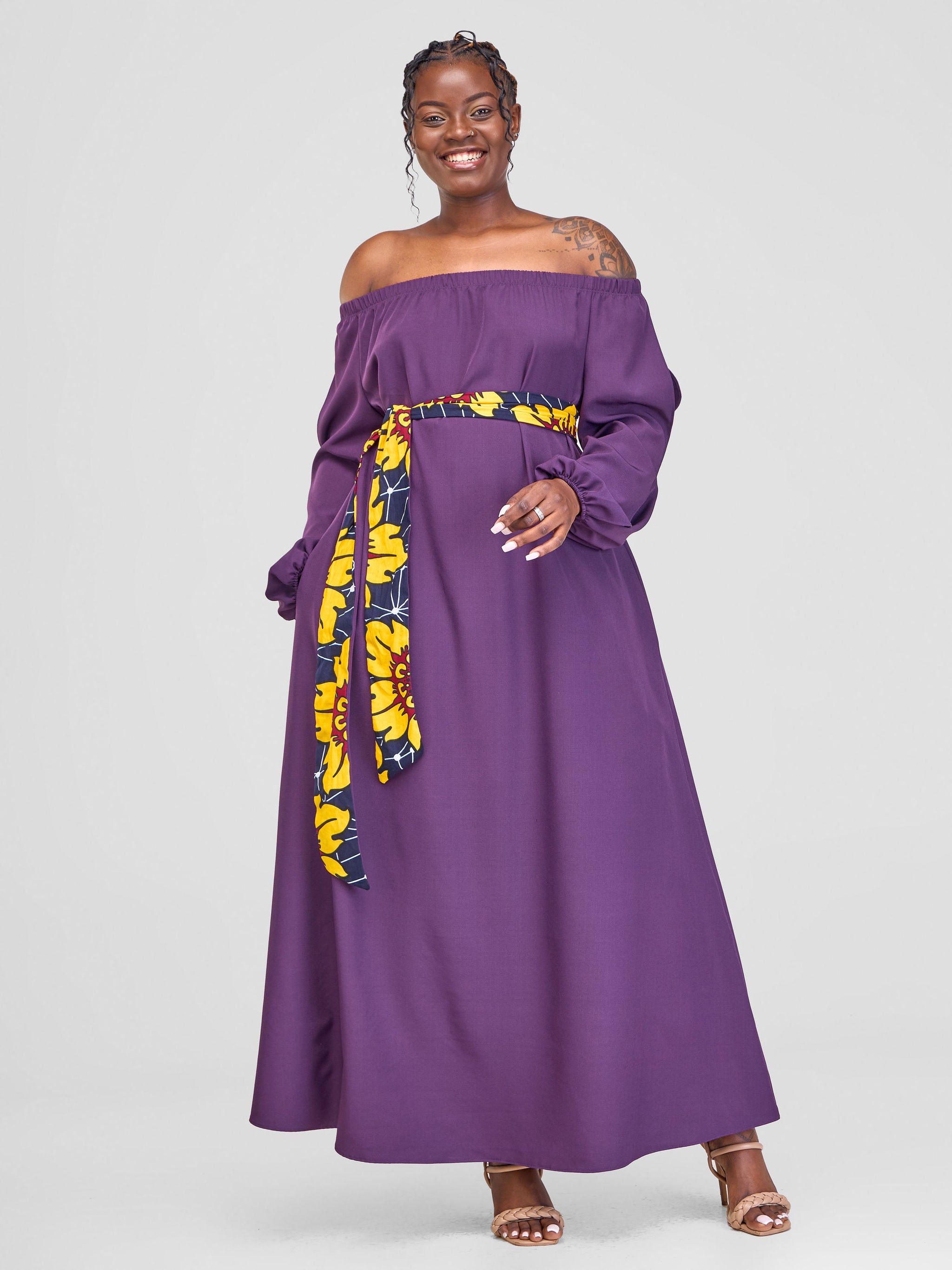 Vivo Yumi Off Shoulder Maxi Dress - Dark Purple ( Navy / Yellow Print Belt)