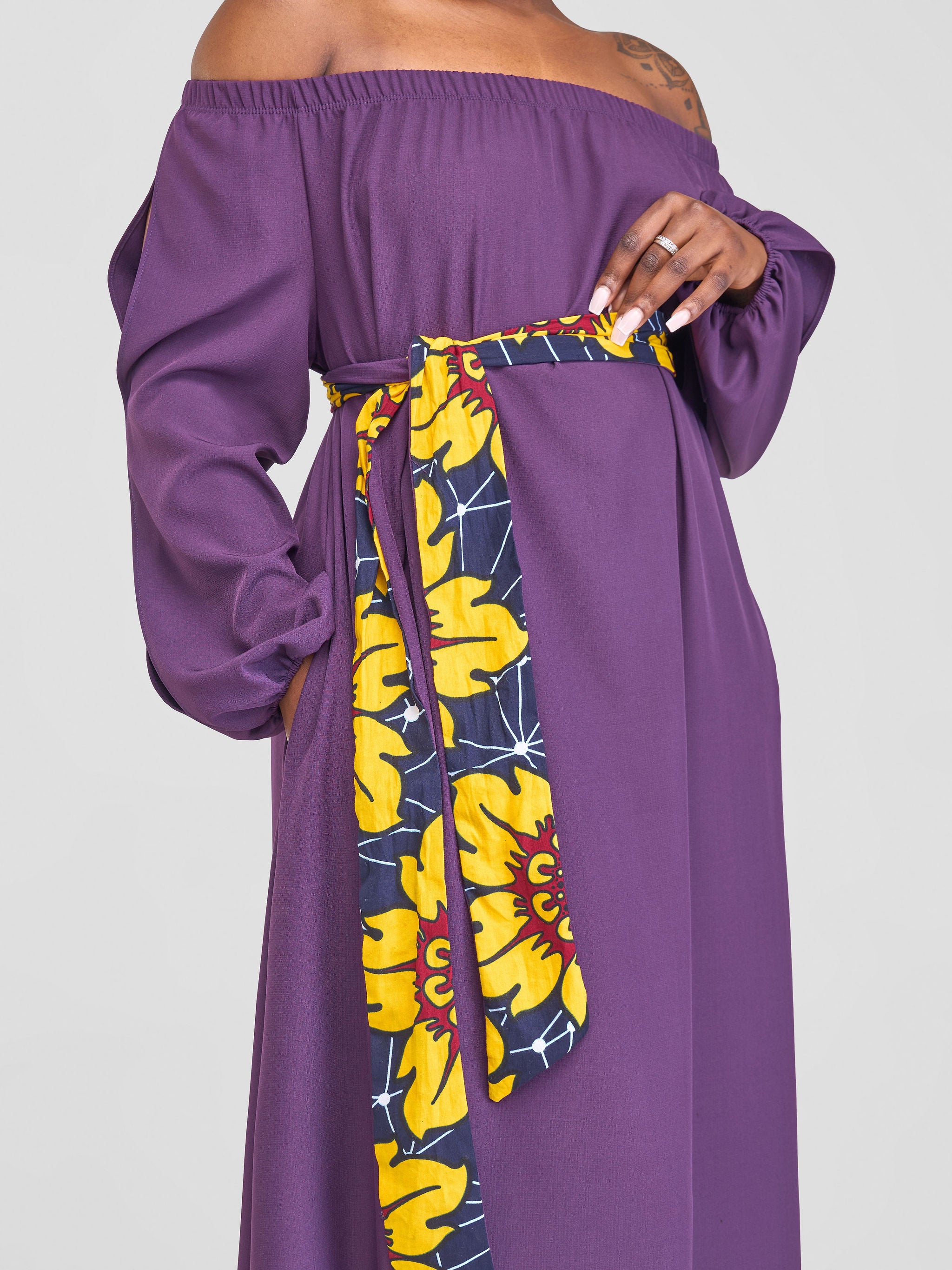 Vivo Yumi Off Shoulder Maxi Dress - Dark Purple ( Navy / Yellow Print Belt)