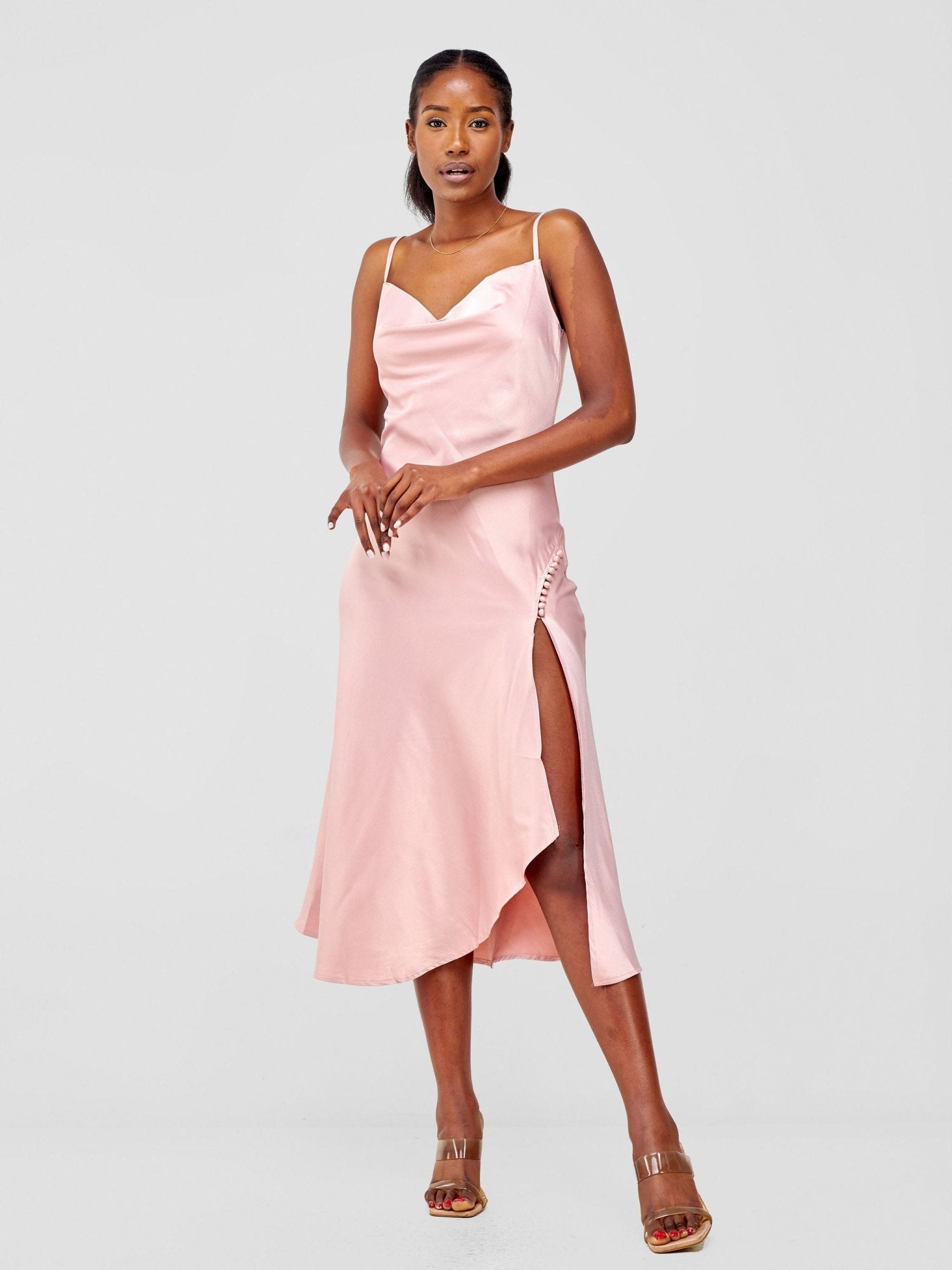 Lola Satin Slip Dress With Side Buttons - Baby Pink - Shopzetu