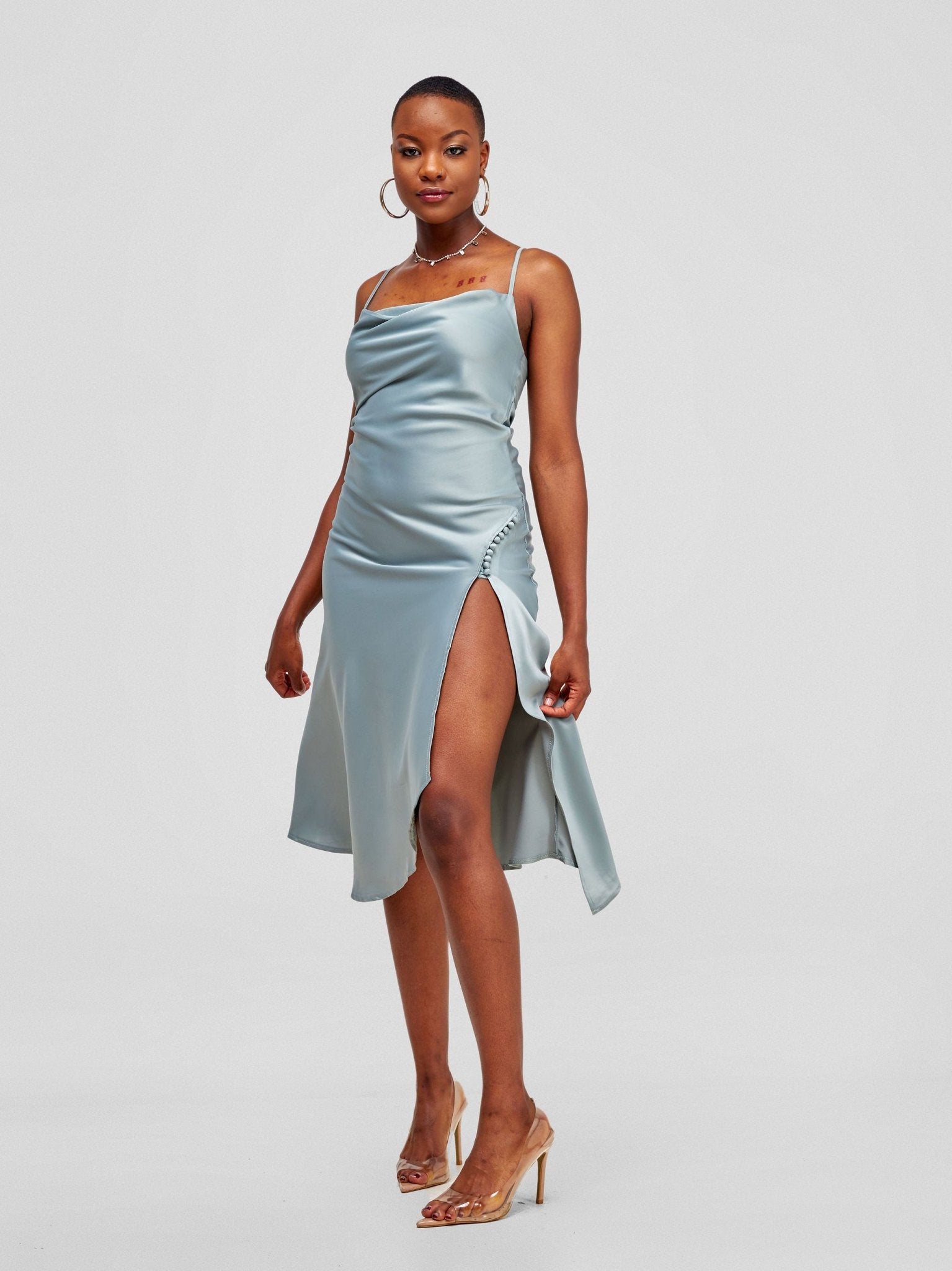 Lola Satin Slip Dress With Side Buttons - Baby Blue - Shopzetu