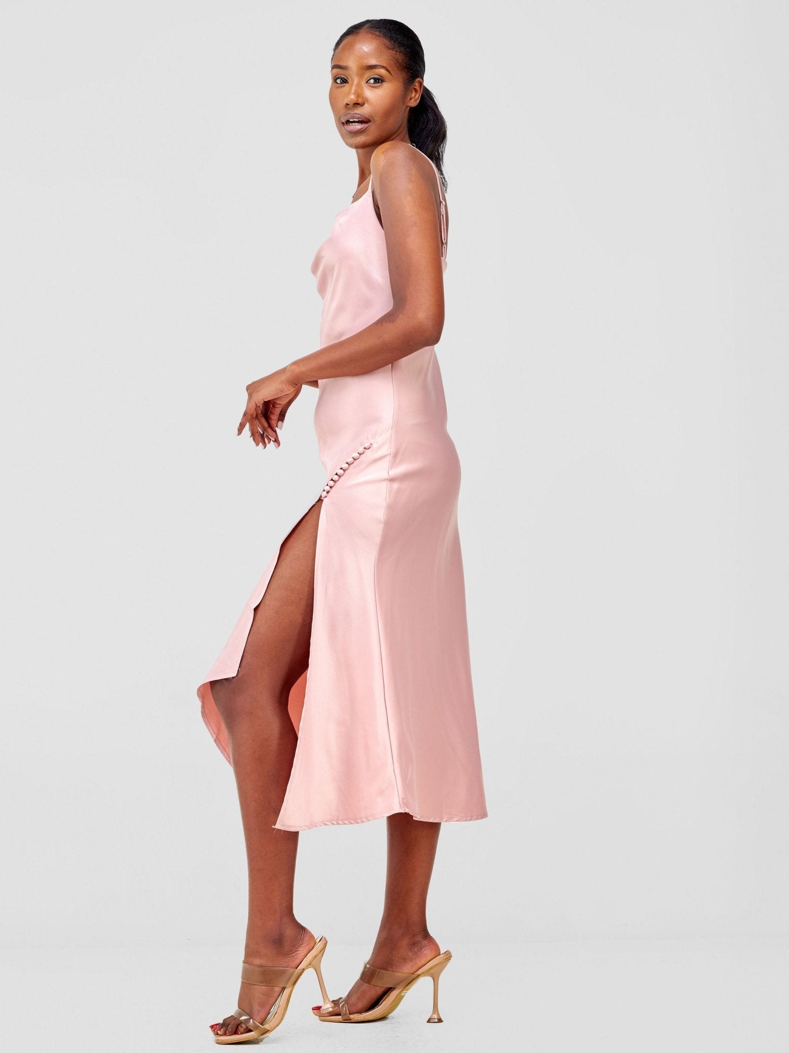 Lola Satin Slip Dress With Side Buttons - Baby Pink - Shopzetu