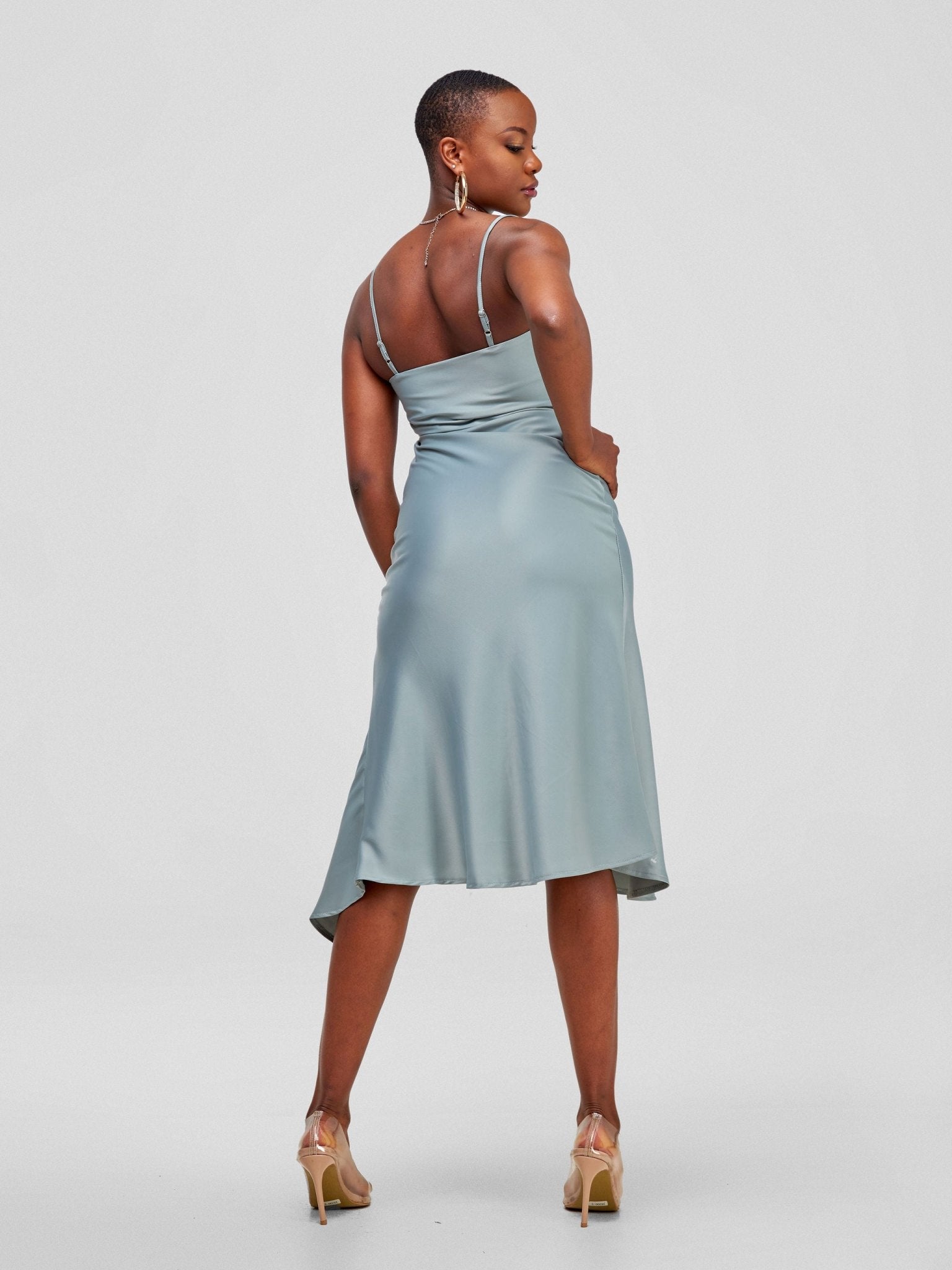 Lola Satin Slip Dress With Side Buttons - Baby Blue - Shopzetu