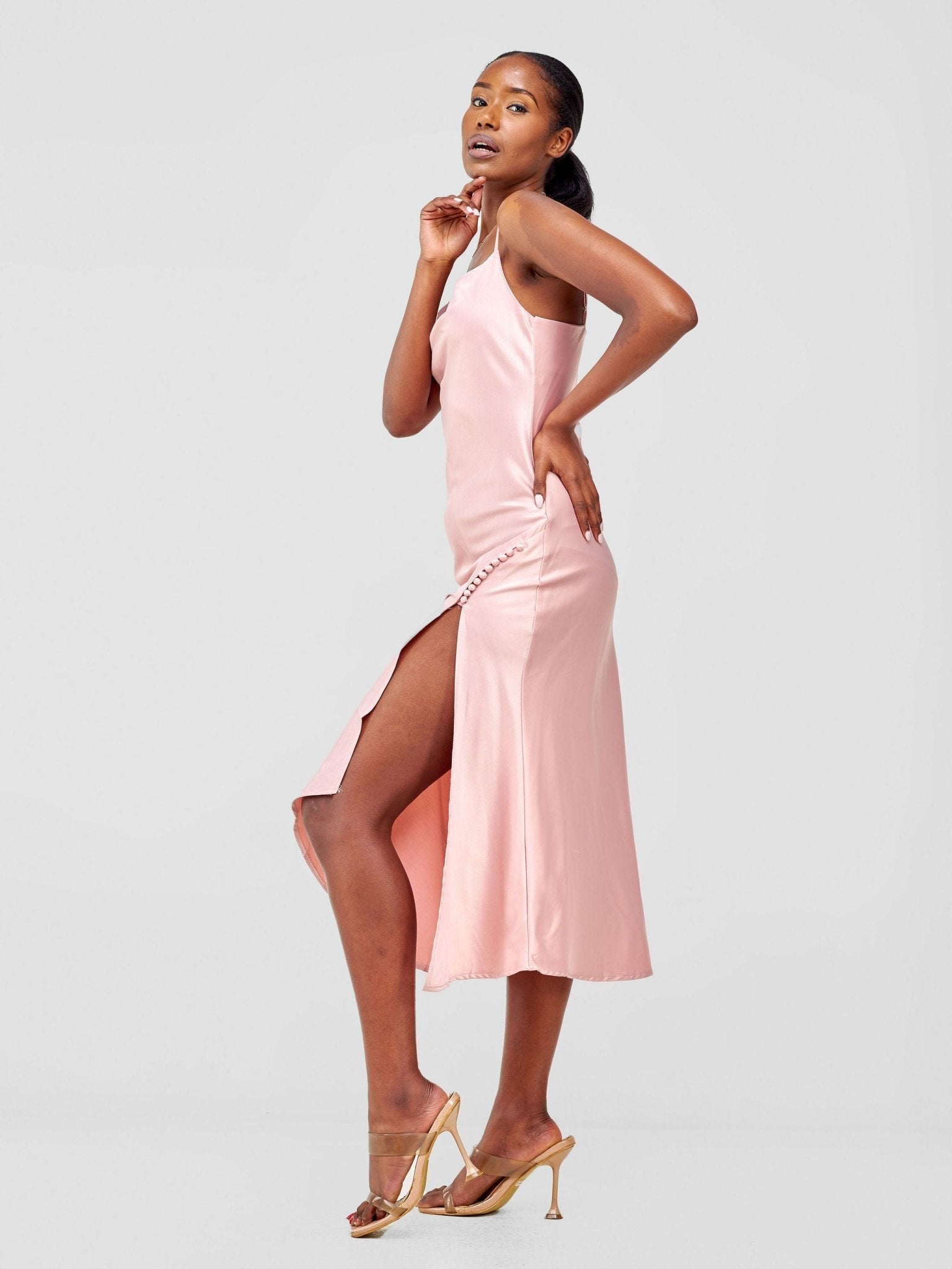 Lola Satin Slip Dress With Side Buttons - Baby Pink - Shopzetu