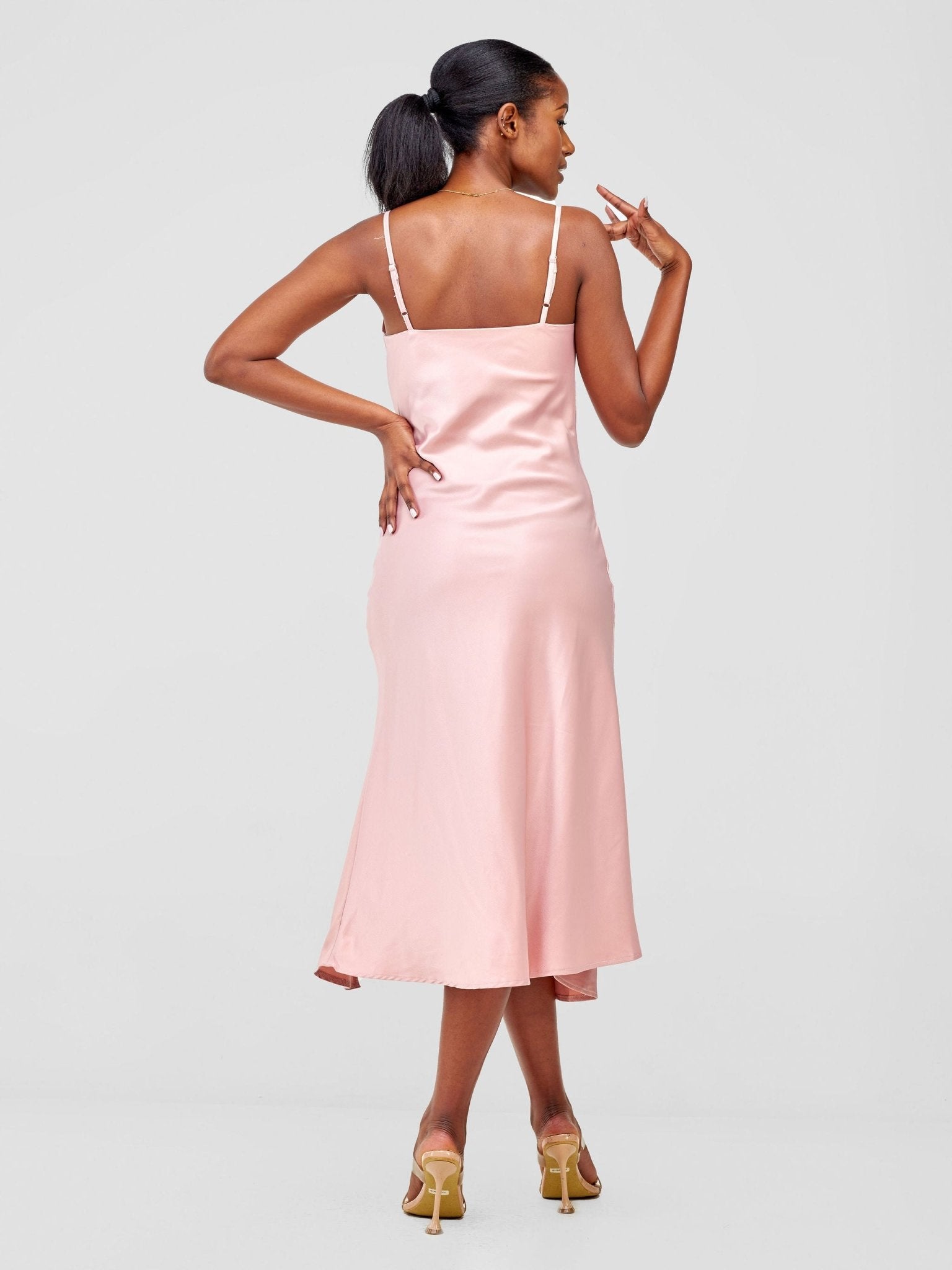 Lola Satin Slip Dress With Side Buttons - Baby Pink - Shopzetu