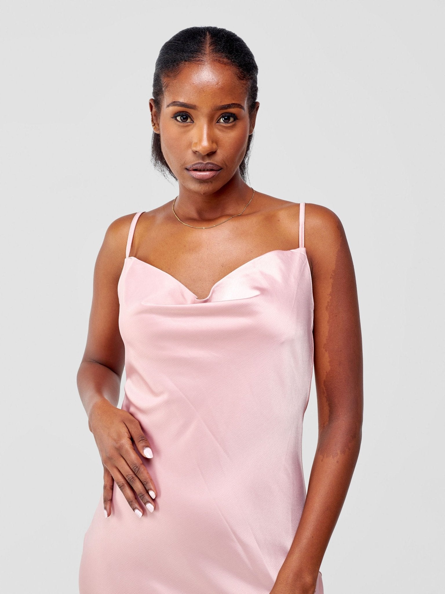 Lola Satin Slip Dress With Side Buttons - Baby Pink - Shopzetu