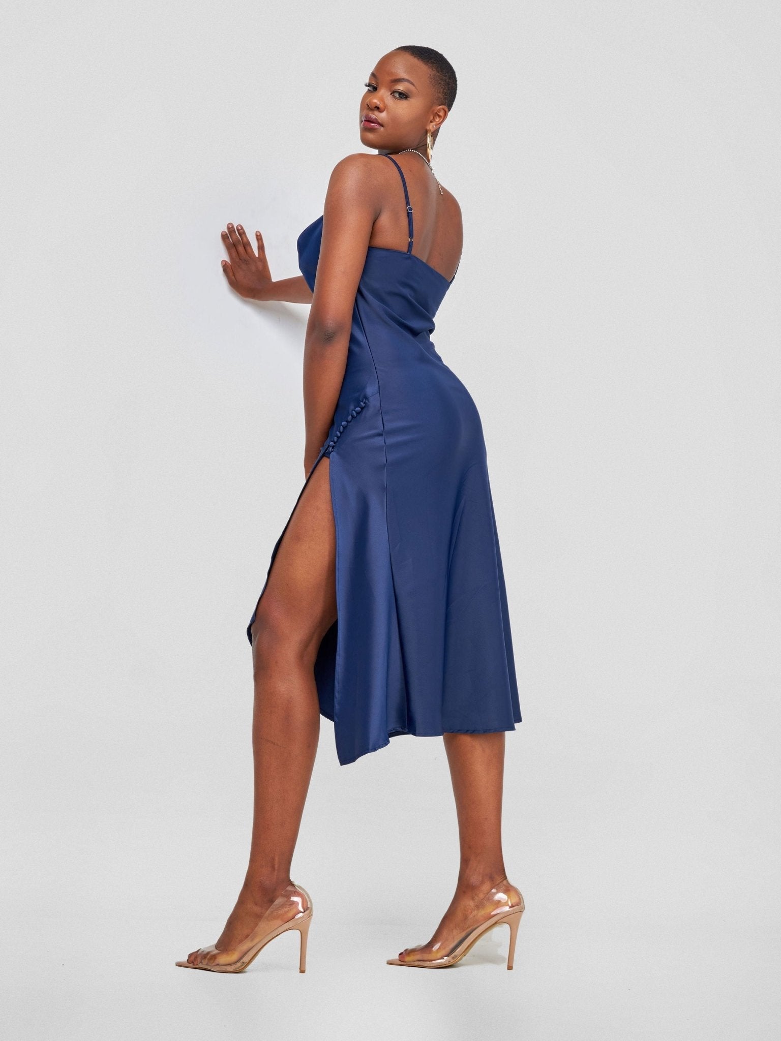 Lola Satin Slip Dress With Side Buttons - Navy Blue - Shopzetu