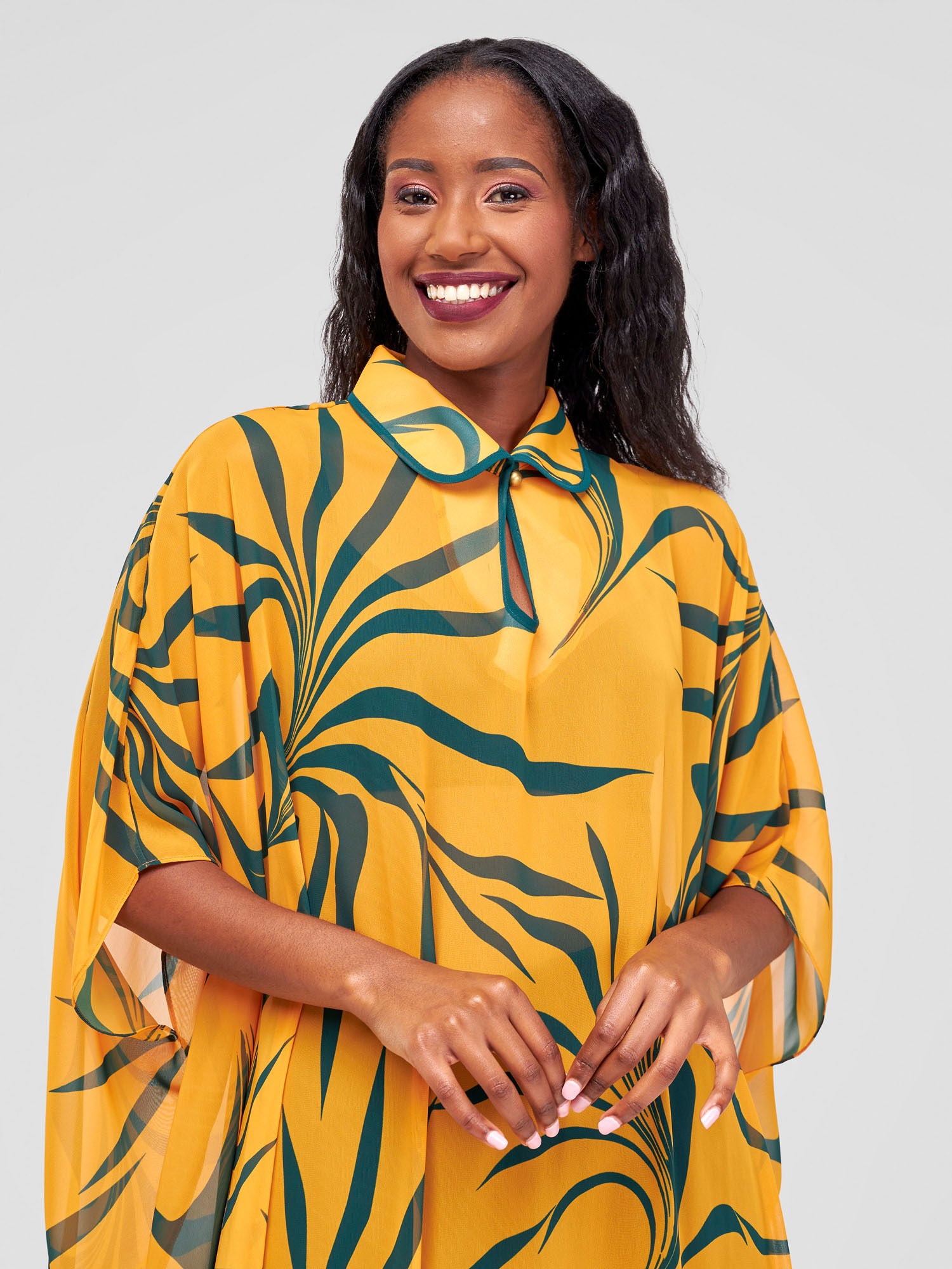 Vivo Asha Long Kaftan - Mustard/Green Tezo Print