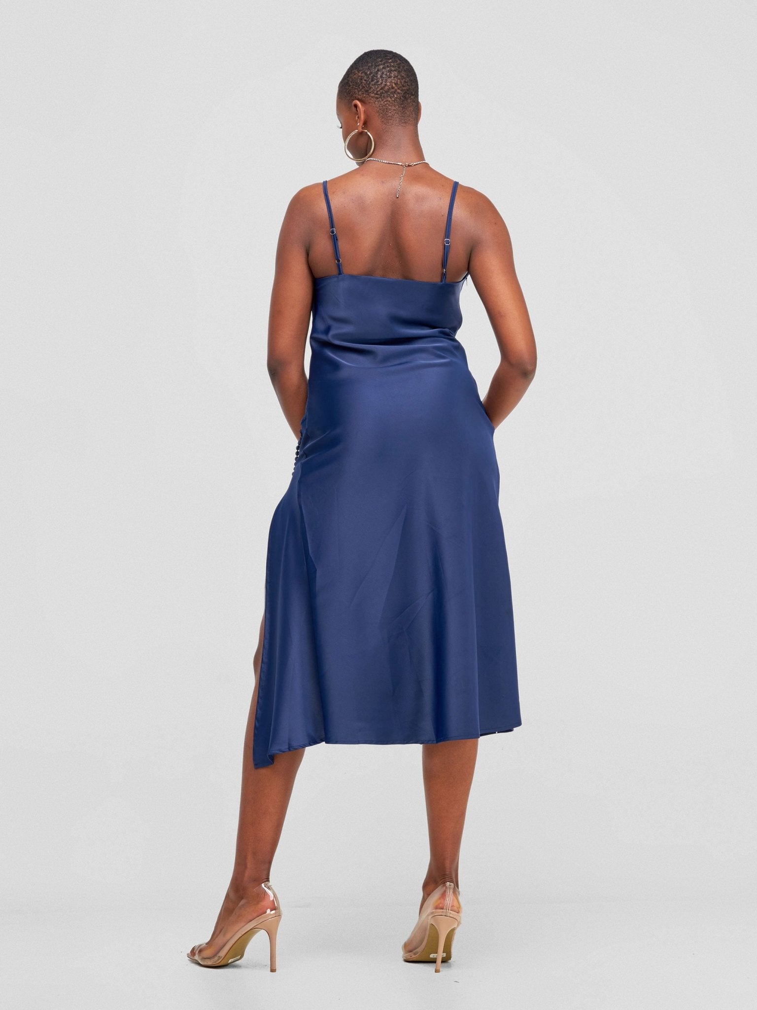 Lola Satin Slip Dress With Side Buttons - Navy Blue - Shopzetu