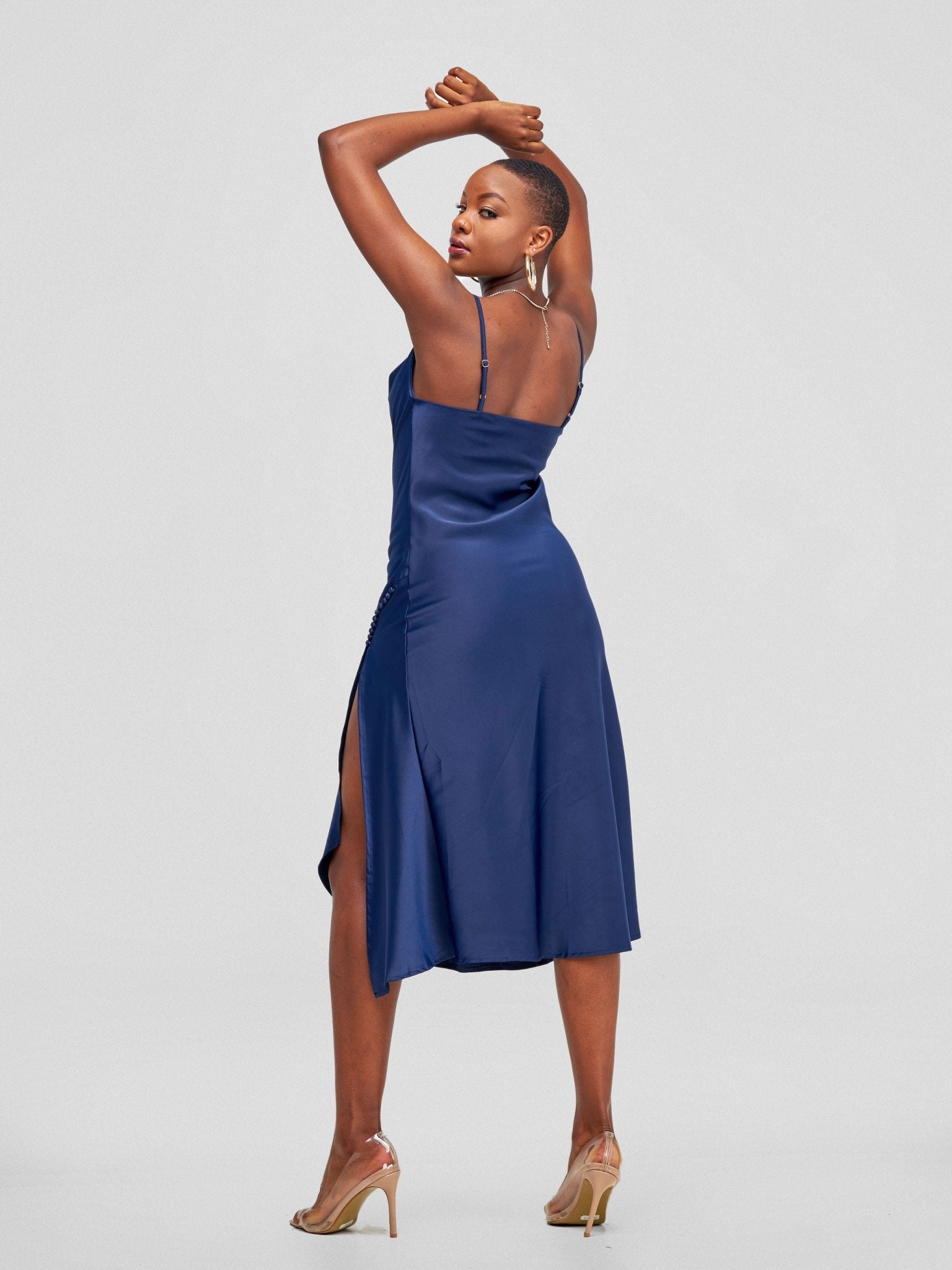 Lola Satin Slip Dress With Side Buttons - Navy Blue - Shopzetu