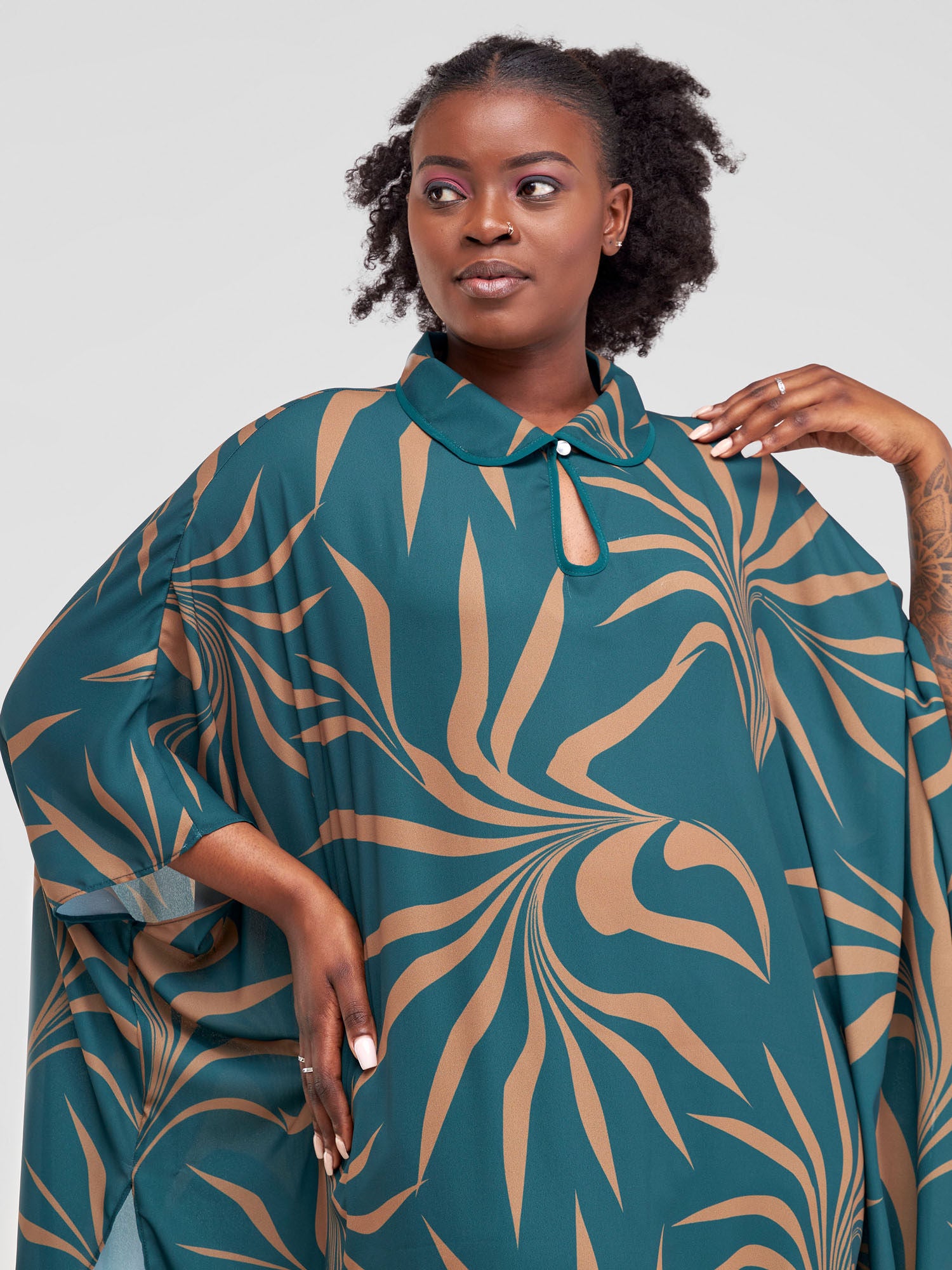 Vivo Asha Long Kaftan - Teal / Brown Tezo Print