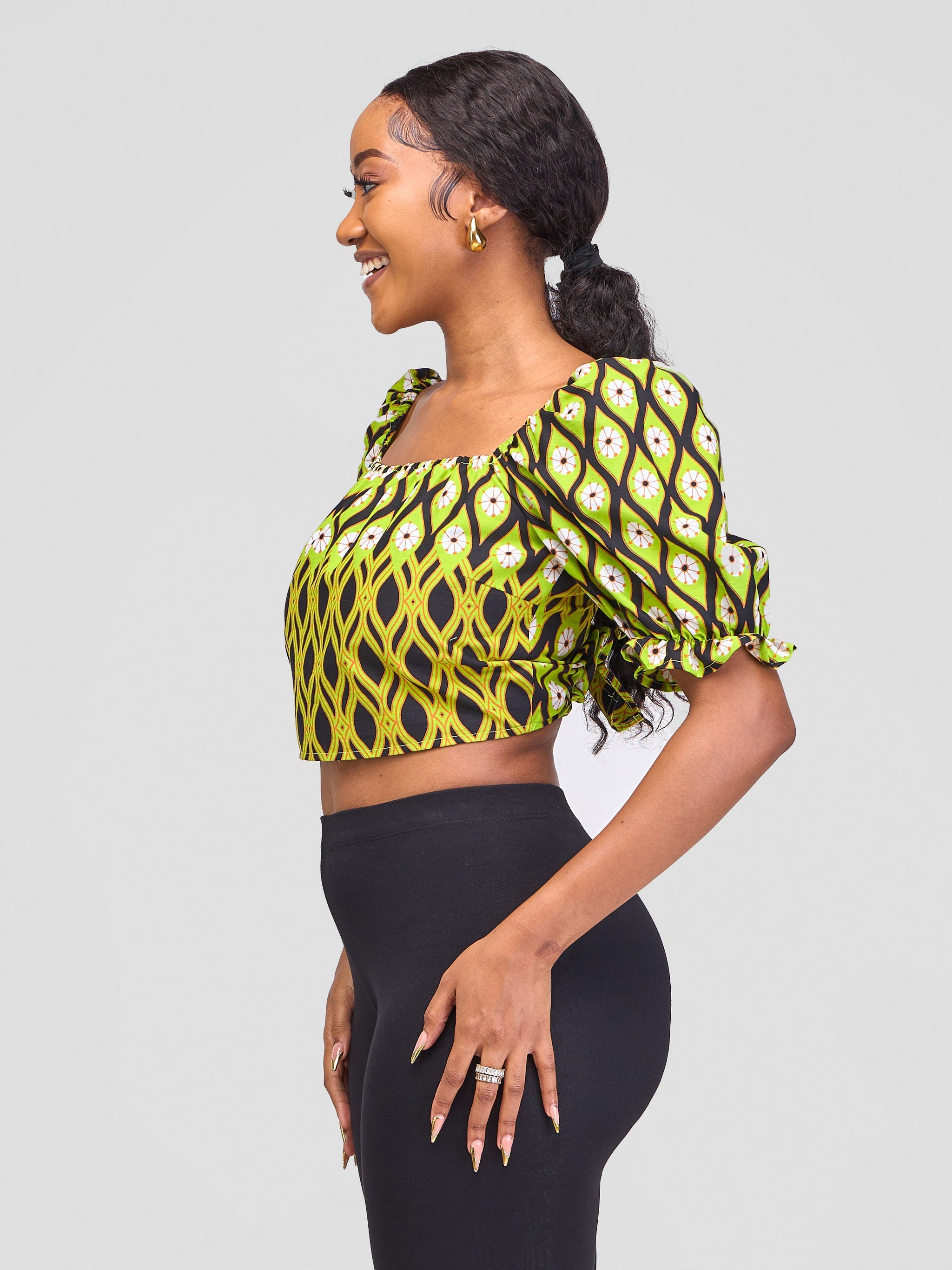 Safari Anga Puffy Short Sleeve Tie Top - Lime Green / Black Ankara Print