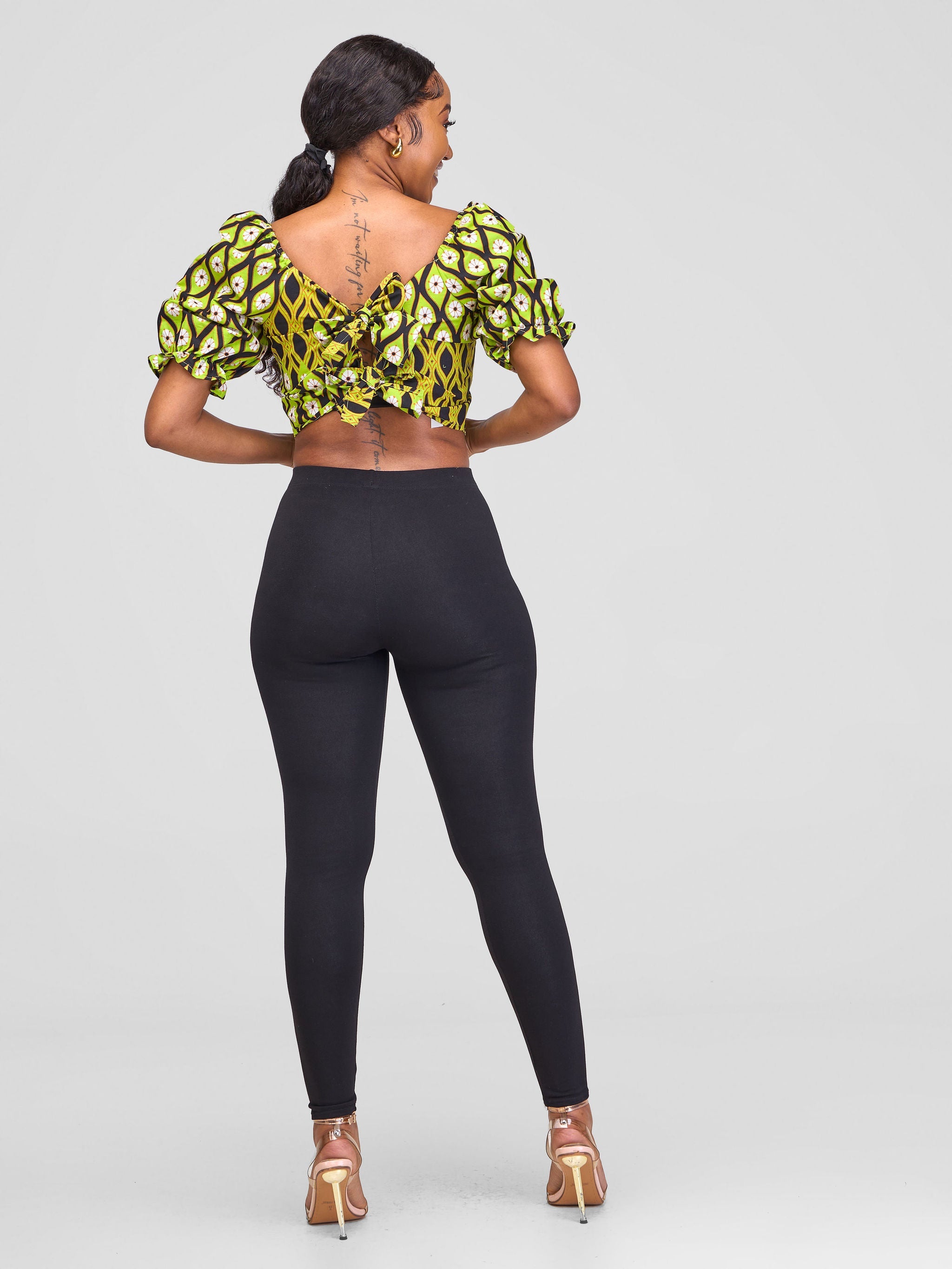 Safari Anga Puffy Short Sleeve Tie Top - Lime Green / Black Ankara Print