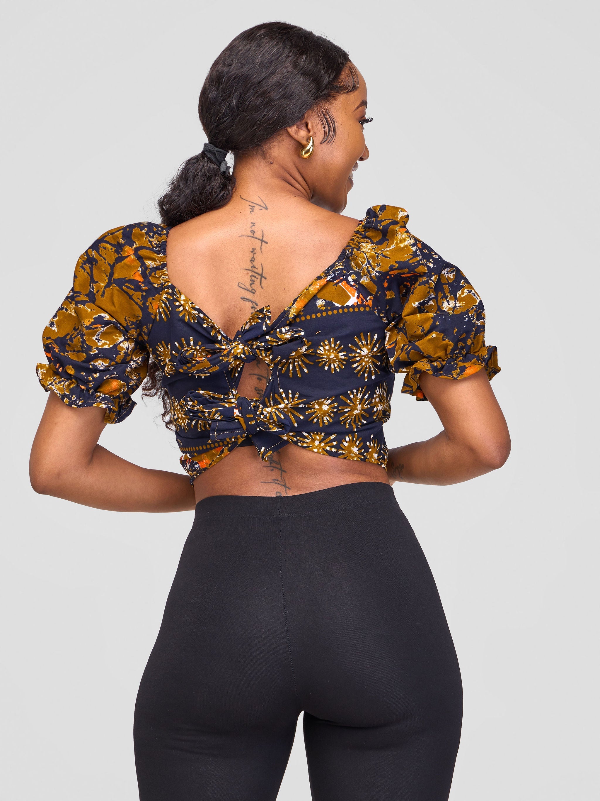 Safari Anga Puffy Short Sleeve Tie Top - Dark Mustard / Navy Blue Ankara Print