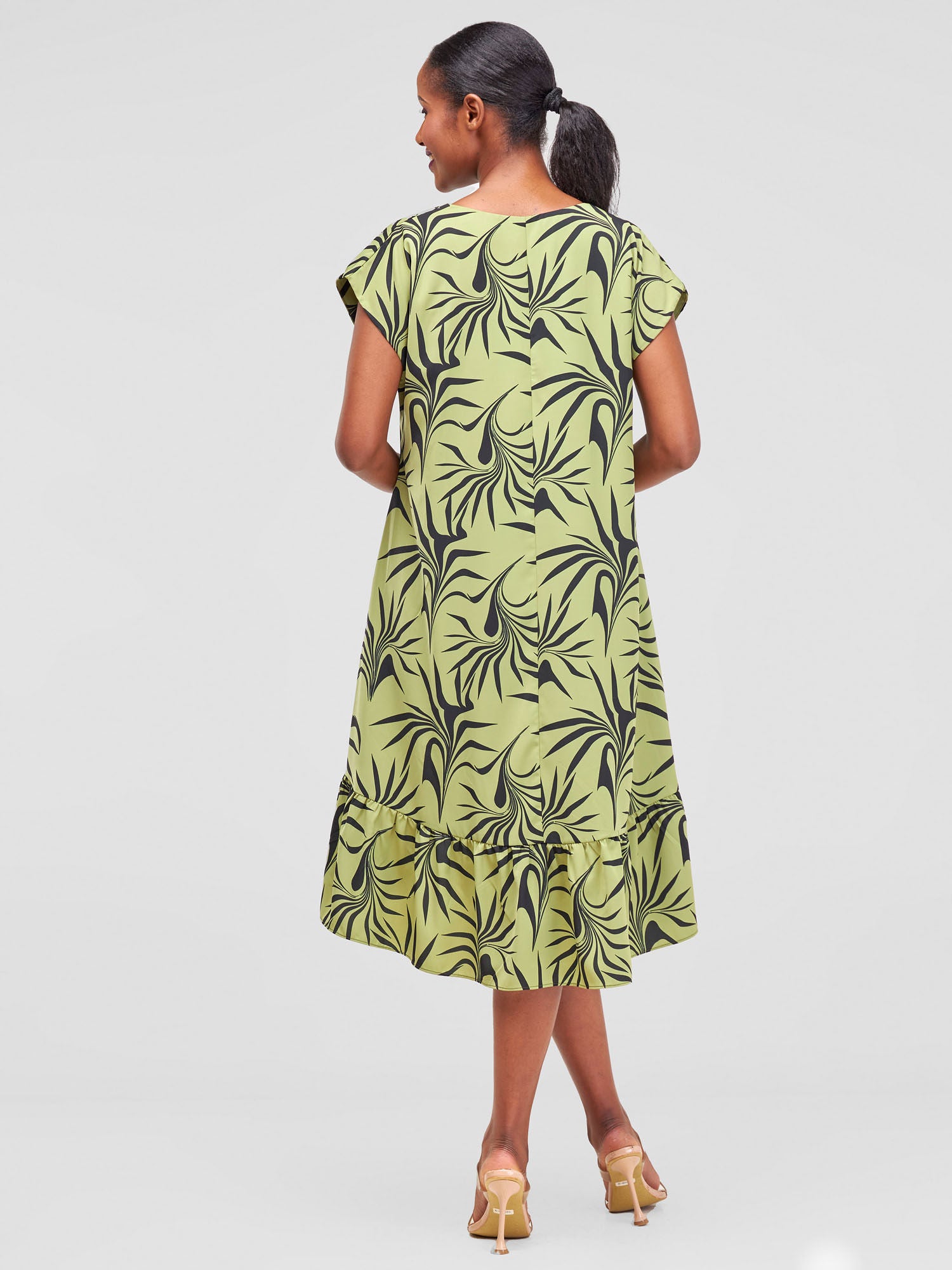 Vivo Asha Drop Shoulder Knee Length Dress - Lime Green / Black Tezo Print