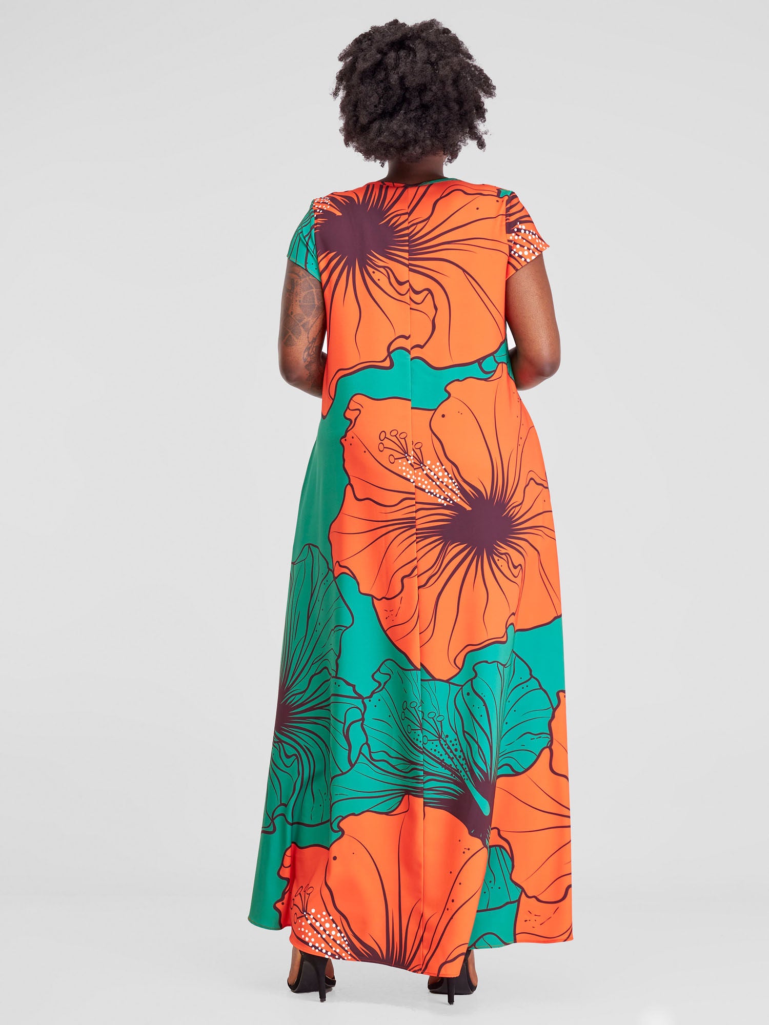 Vivo Zola V Neck Cap Sleeve Maxi - Green / Orange Flohibi Print