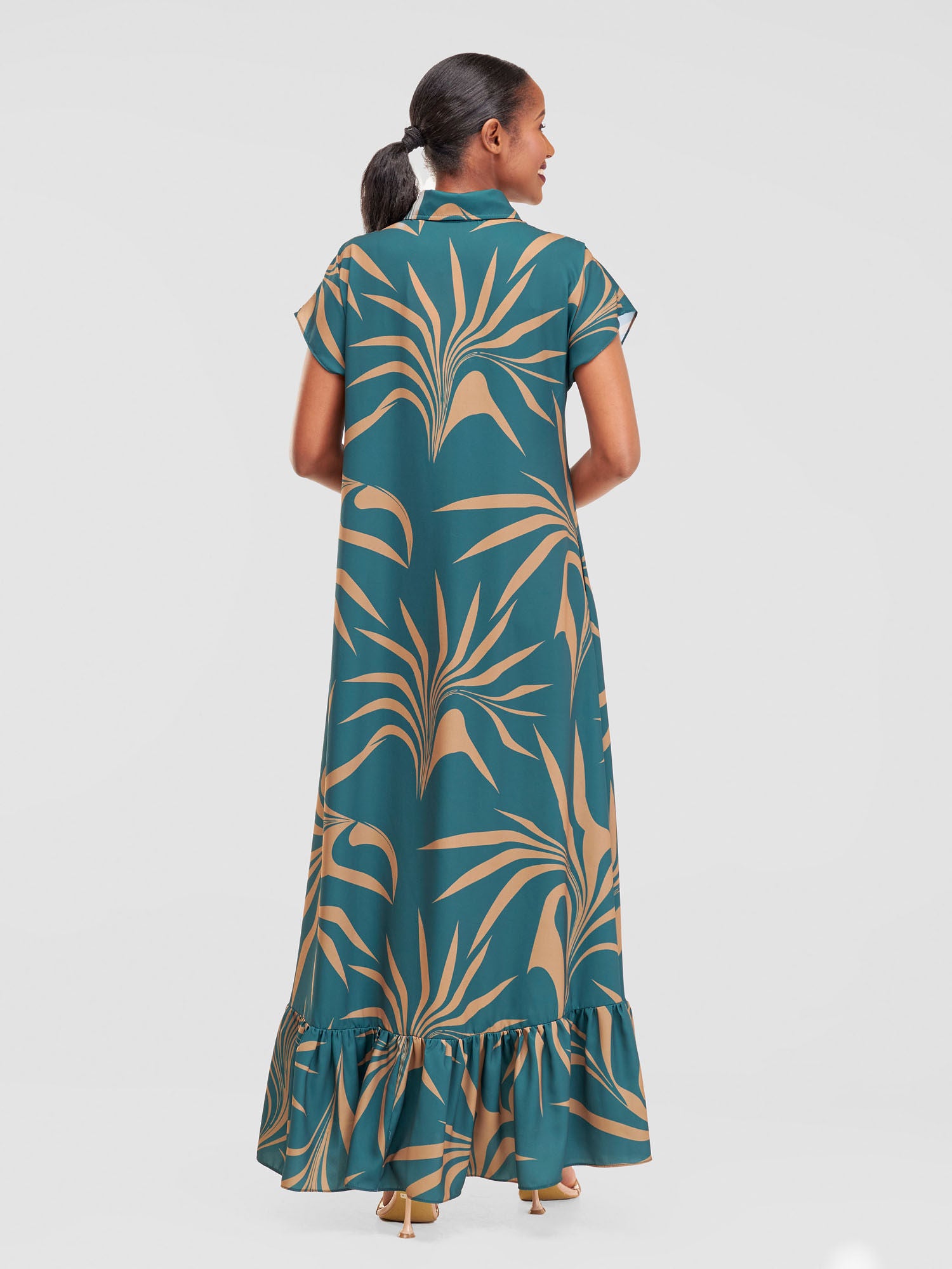 Vivo Asha Drop Shoulder Maxi Shirt Dress - Teal / Brown Tezo Print