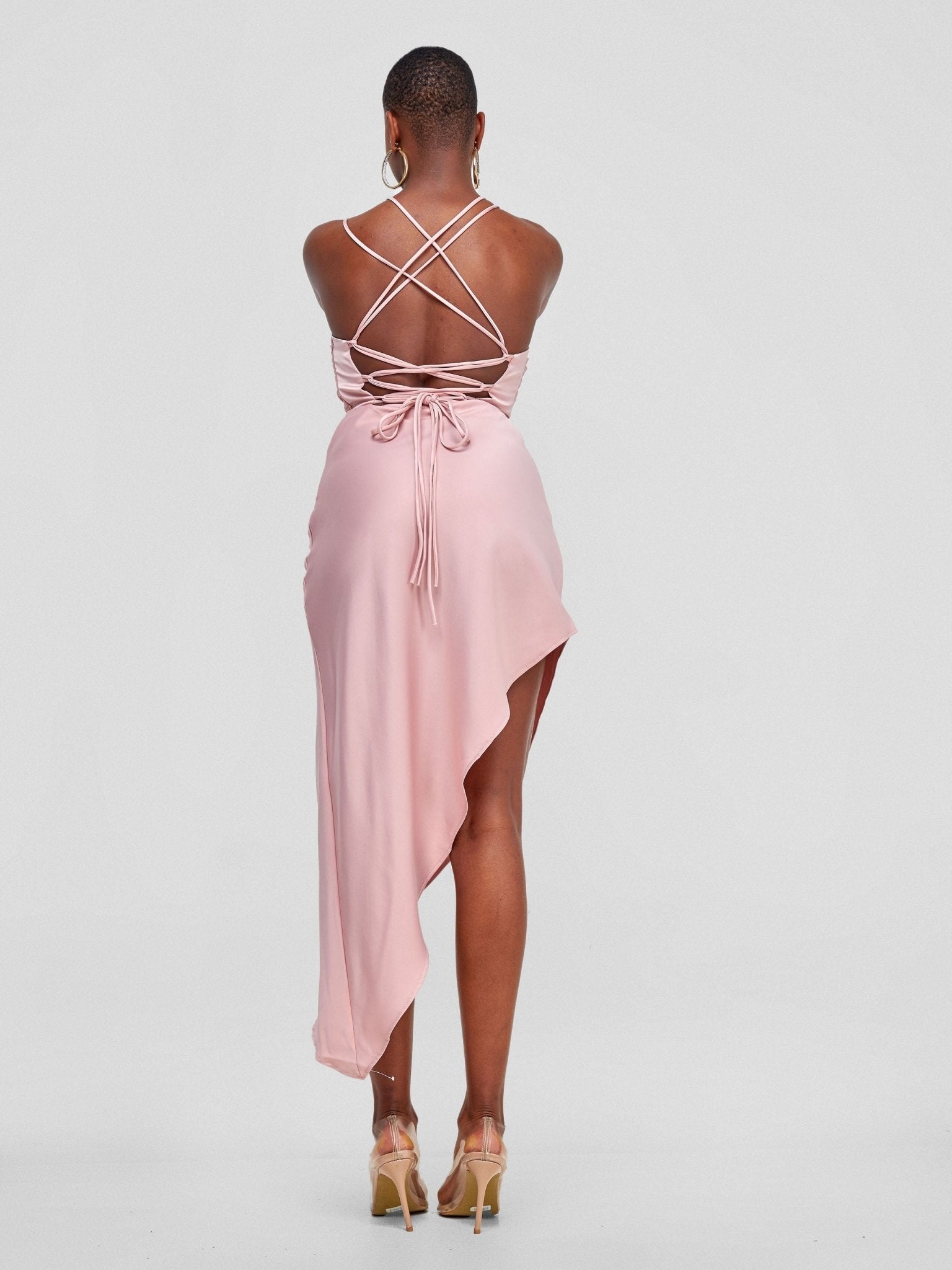 Lola Long Strappy Satin dress with pleated bust - Light Pink - Shopzetu