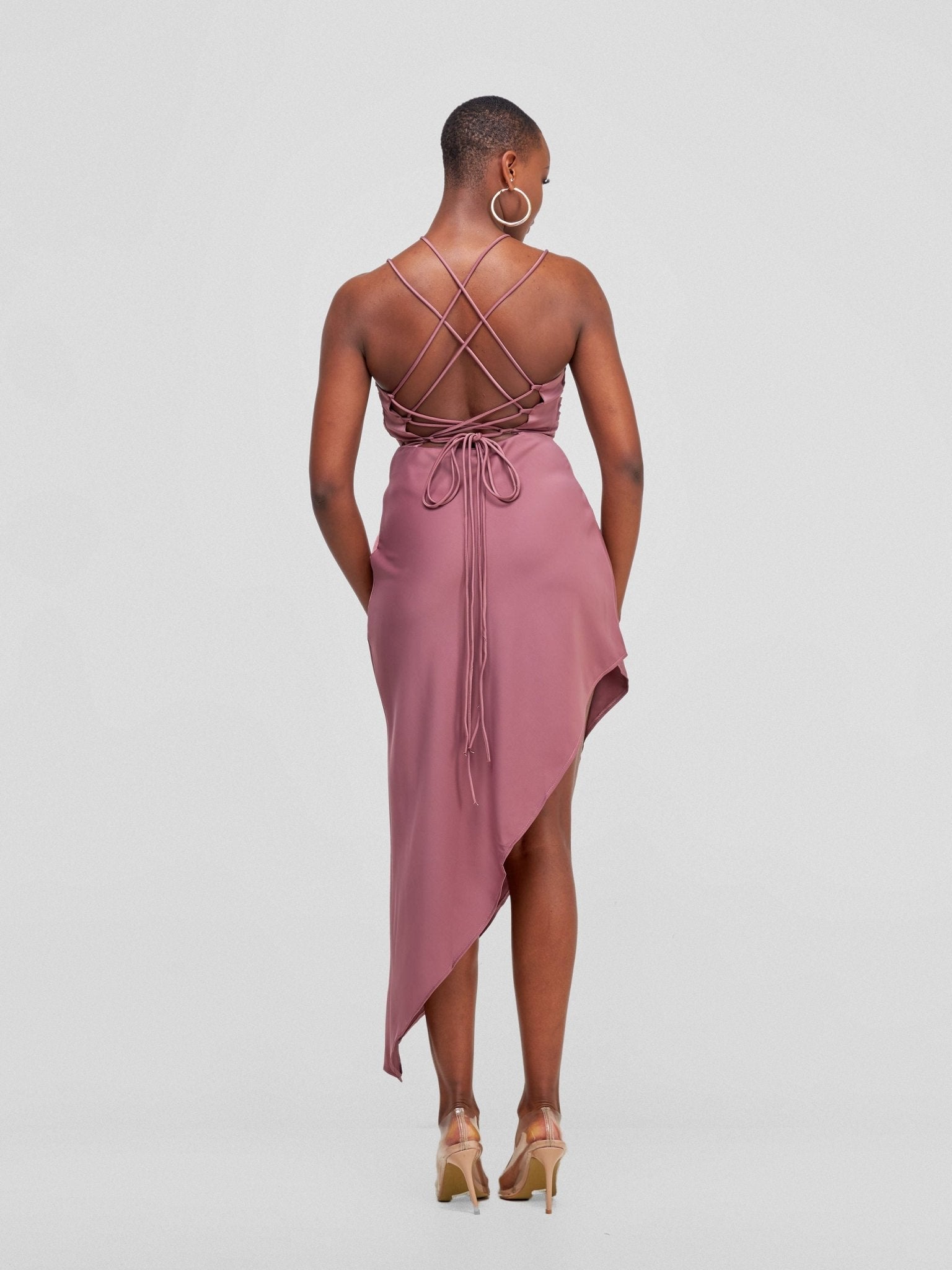 Lola Long Strappy Satin Dress with Pleated Bust - Mauve - Shopzetu